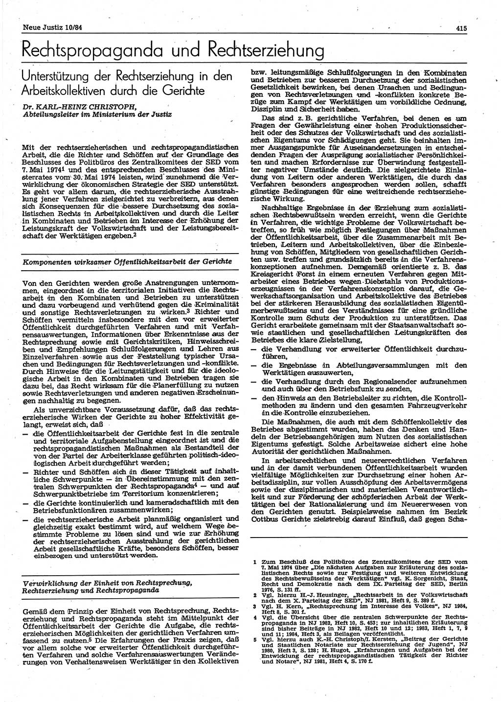 Neue Justiz (NJ), Zeitschrift für sozialistisches Recht und Gesetzlichkeit [Deutsche Demokratische Republik (DDR)], 38. Jahrgang 1984, Seite 415 (NJ DDR 1984, S. 415)