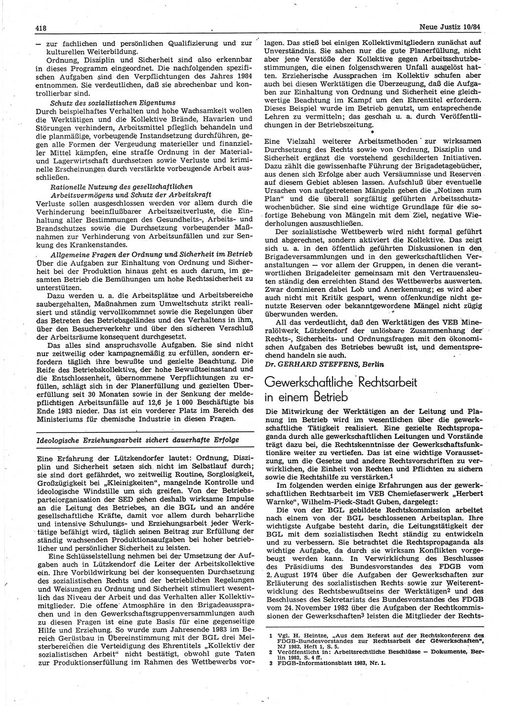 Neue Justiz (NJ), Zeitschrift für sozialistisches Recht und Gesetzlichkeit [Deutsche Demokratische Republik (DDR)], 38. Jahrgang 1984, Seite 418 (NJ DDR 1984, S. 418)