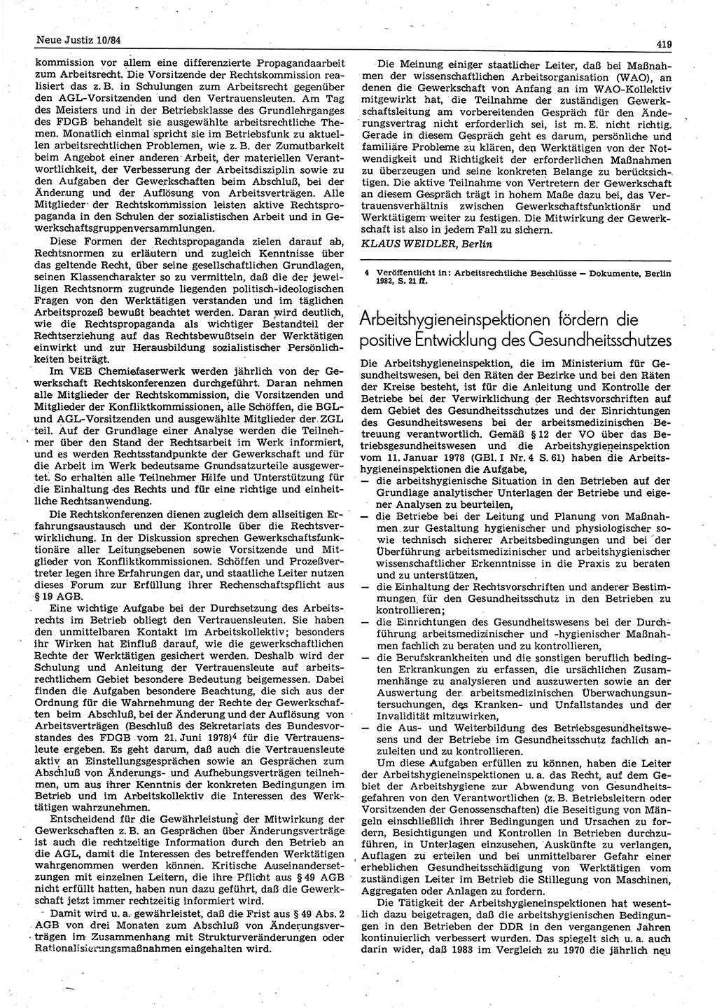 Neue Justiz (NJ), Zeitschrift für sozialistisches Recht und Gesetzlichkeit [Deutsche Demokratische Republik (DDR)], 38. Jahrgang 1984, Seite 419 (NJ DDR 1984, S. 419)