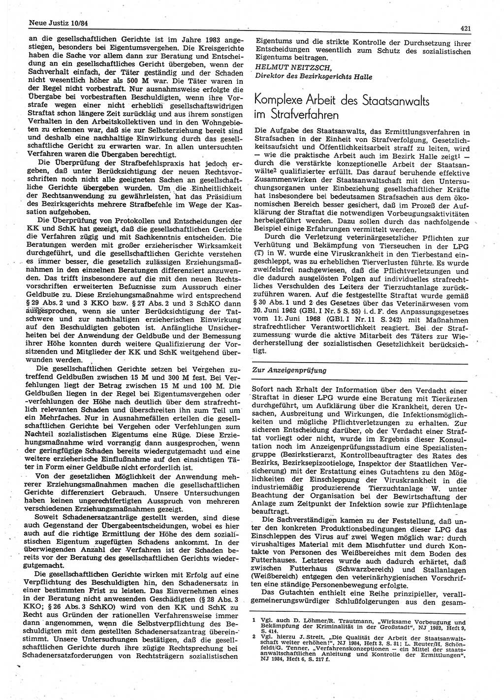 Neue Justiz (NJ), Zeitschrift für sozialistisches Recht und Gesetzlichkeit [Deutsche Demokratische Republik (DDR)], 38. Jahrgang 1984, Seite 421 (NJ DDR 1984, S. 421)
