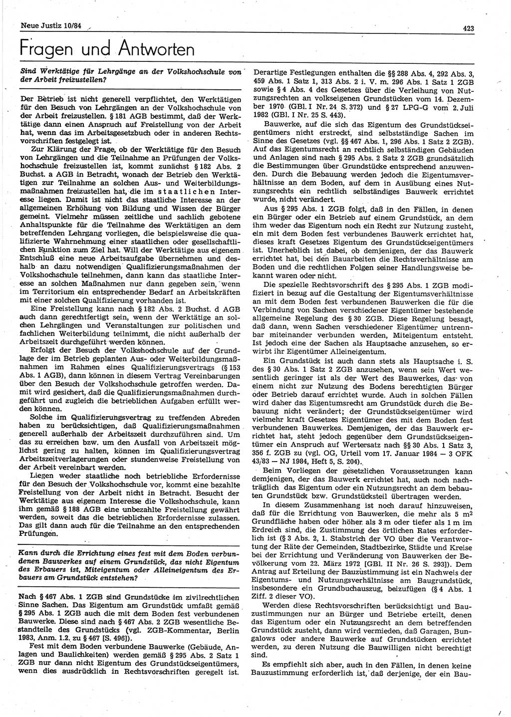 Neue Justiz (NJ), Zeitschrift für sozialistisches Recht und Gesetzlichkeit [Deutsche Demokratische Republik (DDR)], 38. Jahrgang 1984, Seite 423 (NJ DDR 1984, S. 423)