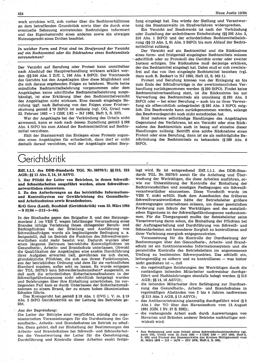 Neue Justiz (NJ), Zeitschrift für sozialistisches Recht und Gesetzlichkeit [Deutsche Demokratische Republik (DDR)], 38. Jahrgang 1984, Seite 424 (NJ DDR 1984, S. 424)