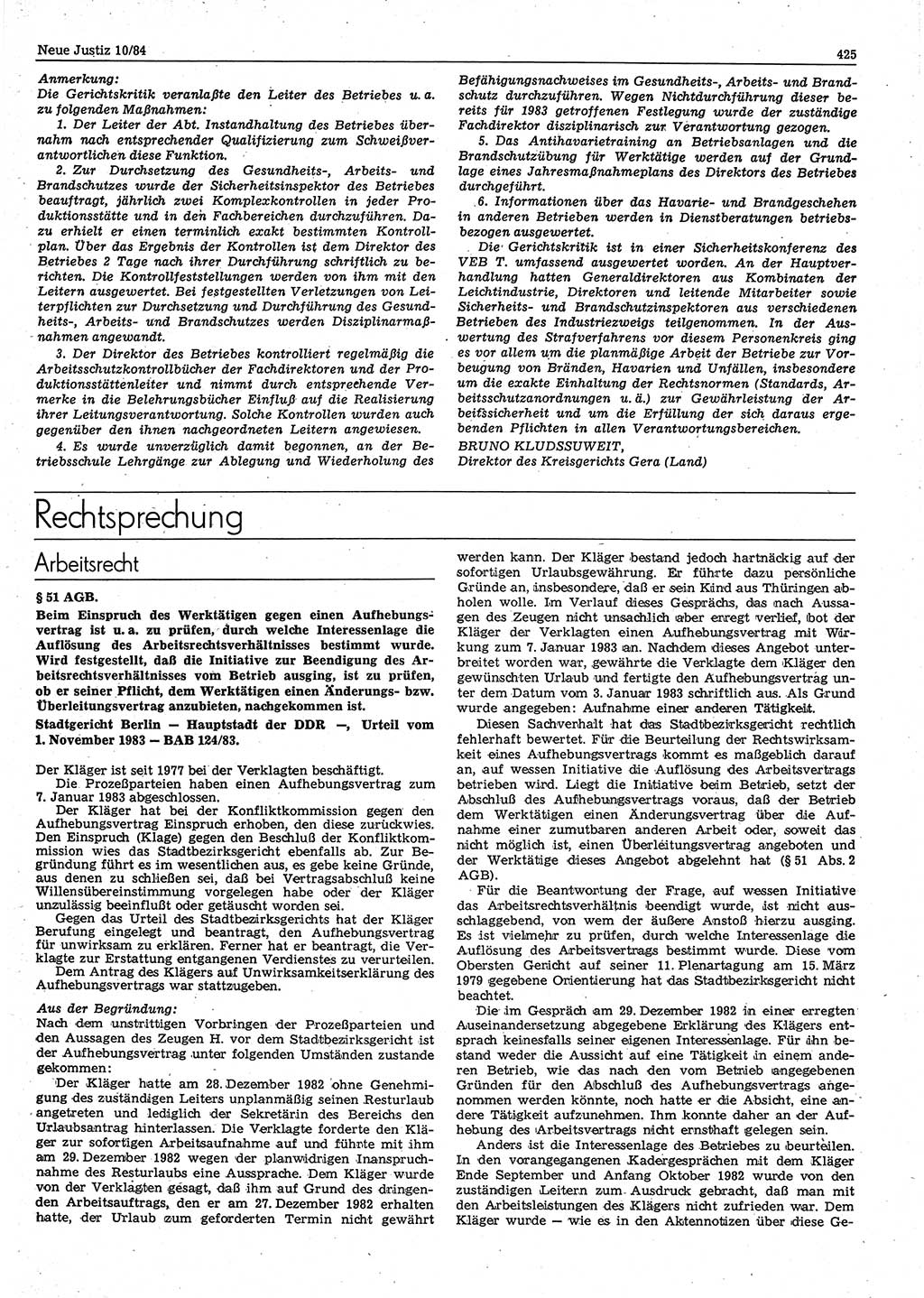 Neue Justiz (NJ), Zeitschrift für sozialistisches Recht und Gesetzlichkeit [Deutsche Demokratische Republik (DDR)], 38. Jahrgang 1984, Seite 425 (NJ DDR 1984, S. 425)