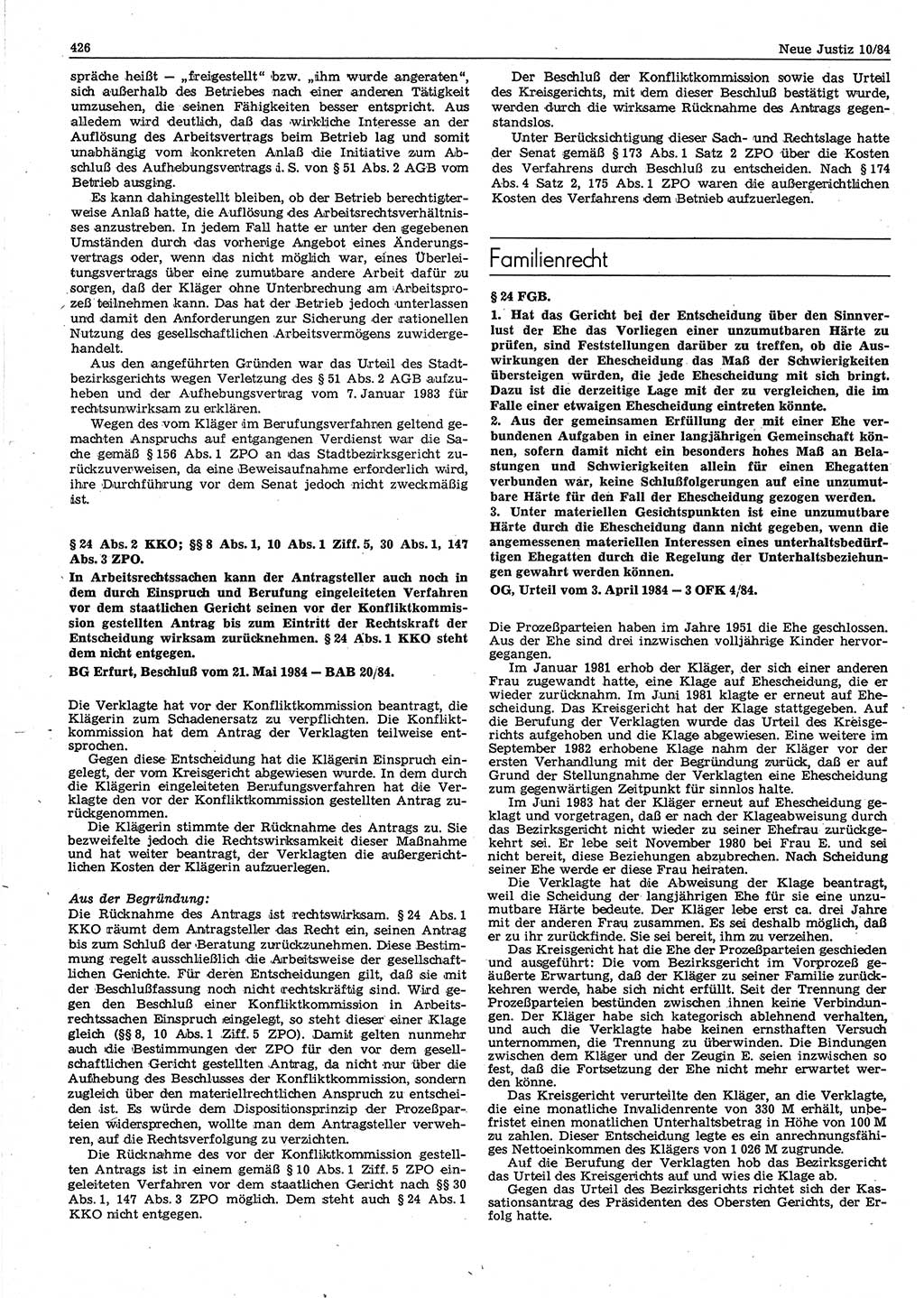 Neue Justiz (NJ), Zeitschrift für sozialistisches Recht und Gesetzlichkeit [Deutsche Demokratische Republik (DDR)], 38. Jahrgang 1984, Seite 426 (NJ DDR 1984, S. 426)