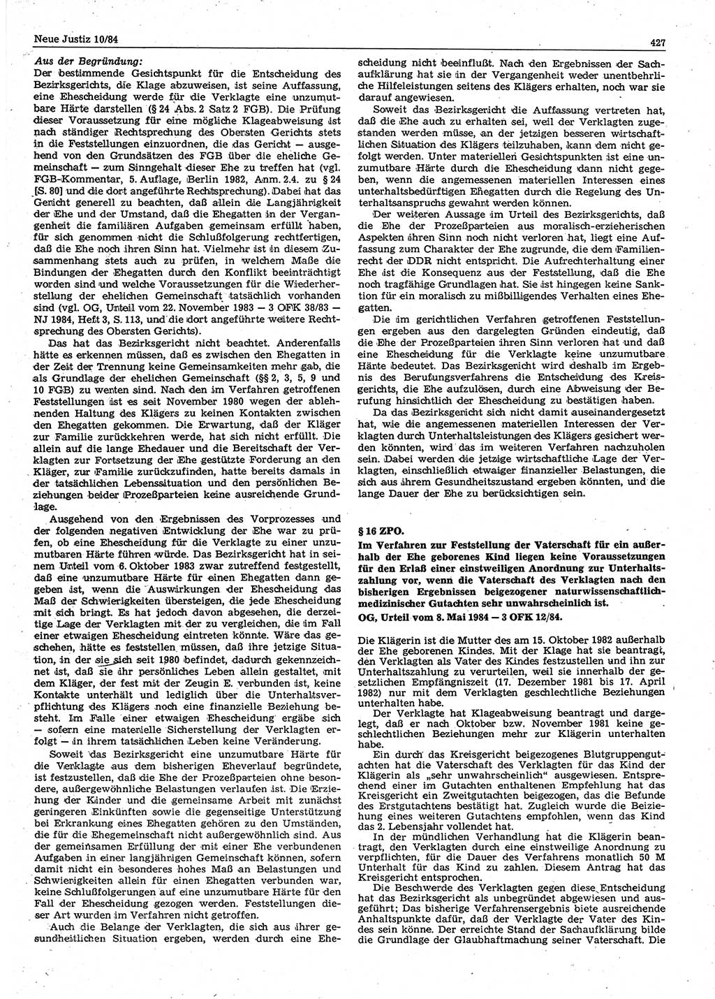 Neue Justiz (NJ), Zeitschrift für sozialistisches Recht und Gesetzlichkeit [Deutsche Demokratische Republik (DDR)], 38. Jahrgang 1984, Seite 427 (NJ DDR 1984, S. 427)