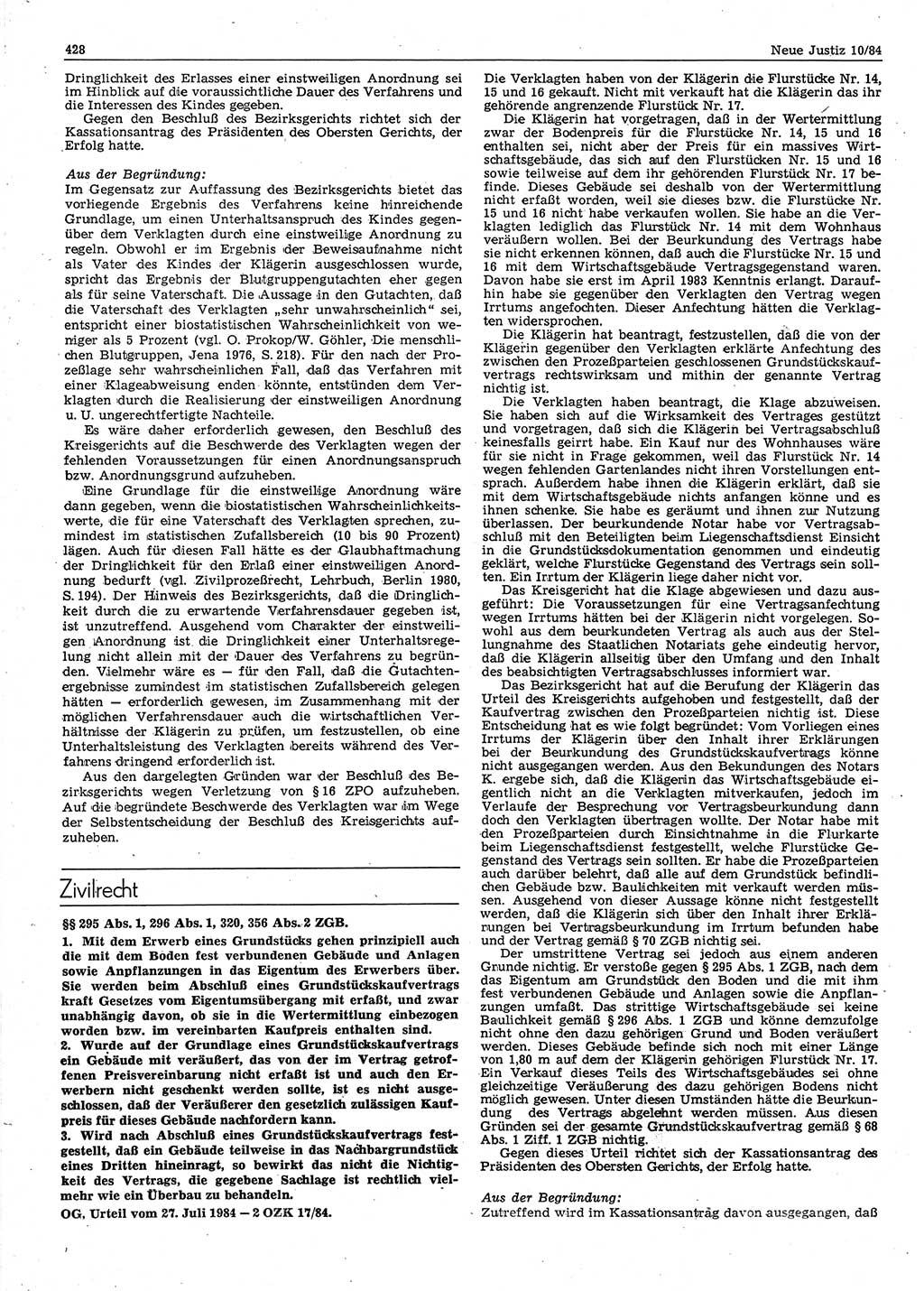 Neue Justiz (NJ), Zeitschrift für sozialistisches Recht und Gesetzlichkeit [Deutsche Demokratische Republik (DDR)], 38. Jahrgang 1984, Seite 428 (NJ DDR 1984, S. 428)