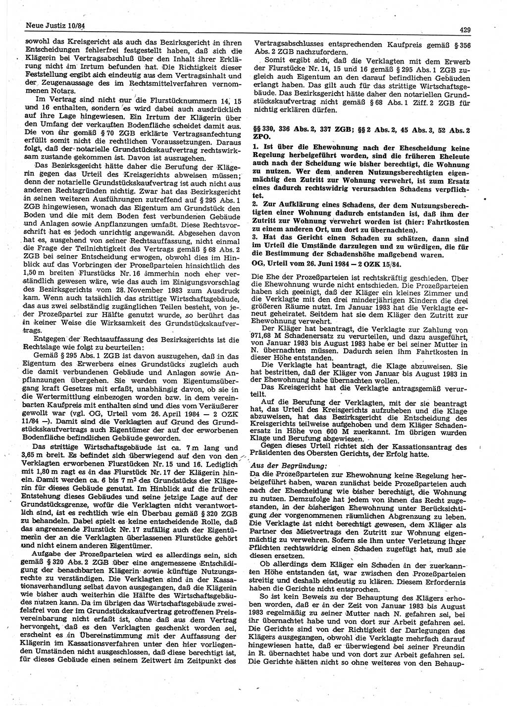 Neue Justiz (NJ), Zeitschrift für sozialistisches Recht und Gesetzlichkeit [Deutsche Demokratische Republik (DDR)], 38. Jahrgang 1984, Seite 429 (NJ DDR 1984, S. 429)