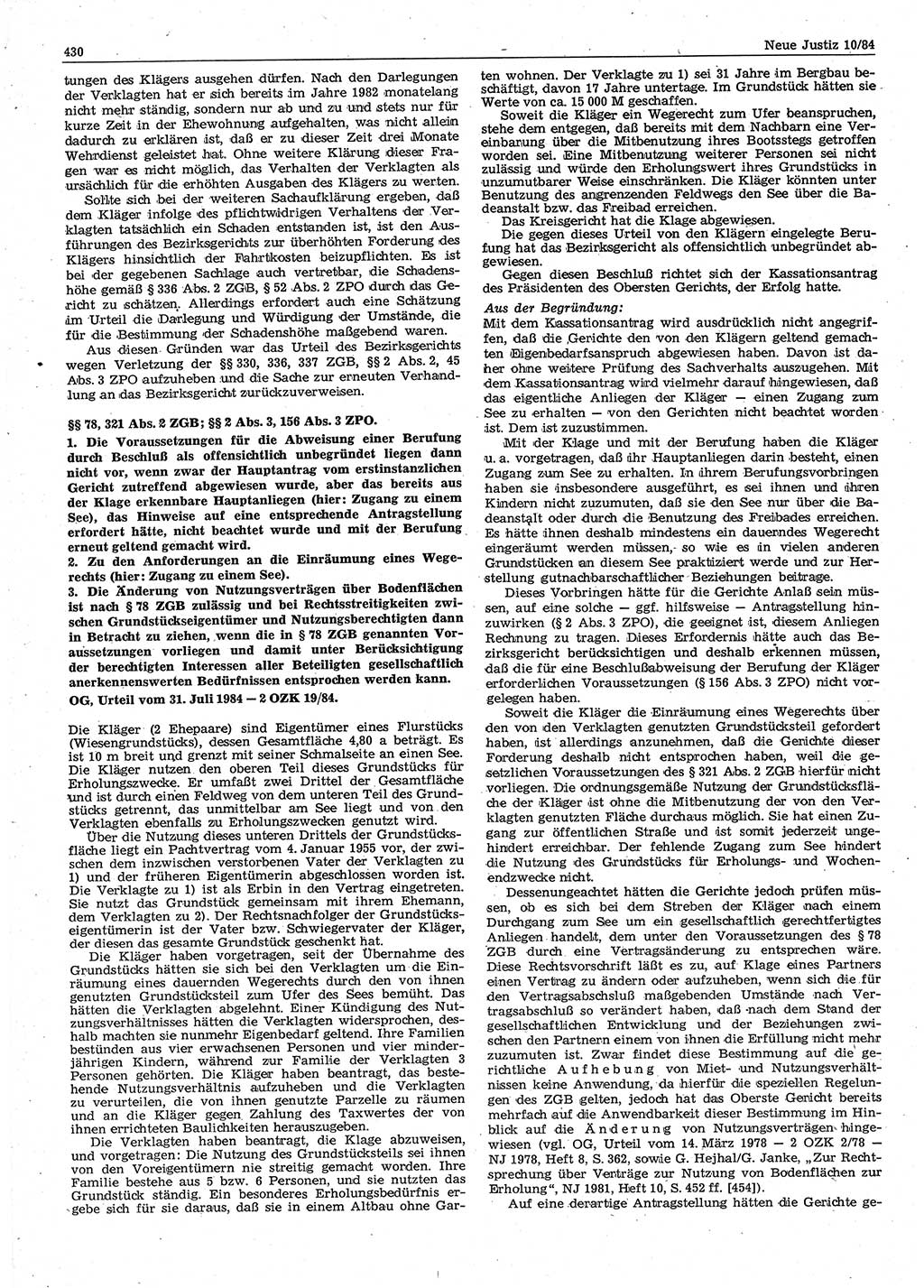 Neue Justiz (NJ), Zeitschrift für sozialistisches Recht und Gesetzlichkeit [Deutsche Demokratische Republik (DDR)], 38. Jahrgang 1984, Seite 430 (NJ DDR 1984, S. 430)