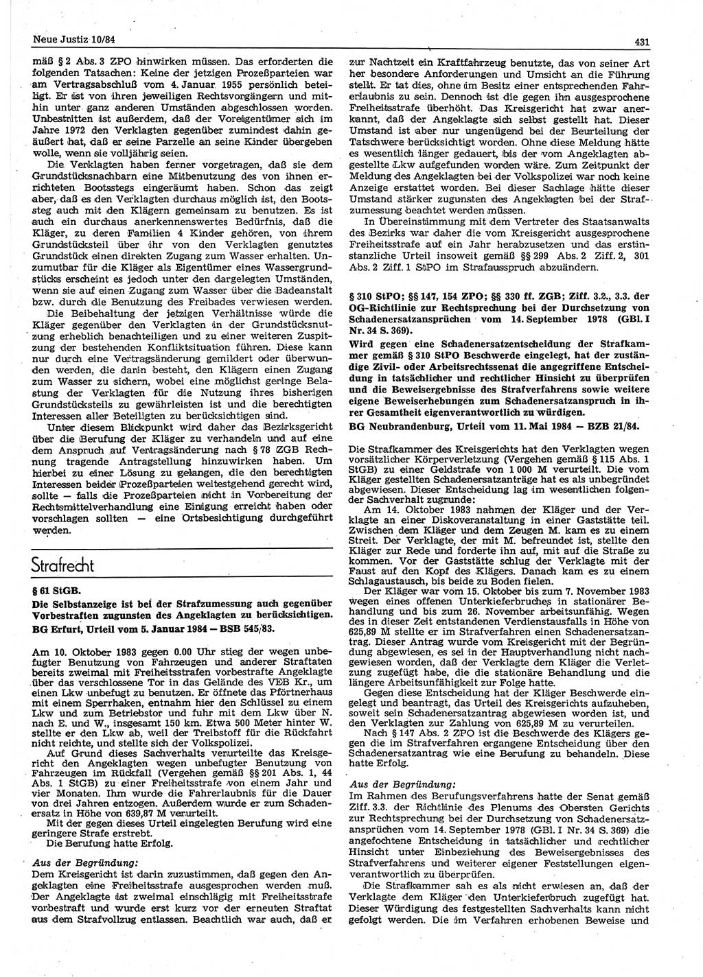 Neue Justiz (NJ), Zeitschrift für sozialistisches Recht und Gesetzlichkeit [Deutsche Demokratische Republik (DDR)], 38. Jahrgang 1984, Seite 431 (NJ DDR 1984, S. 431)