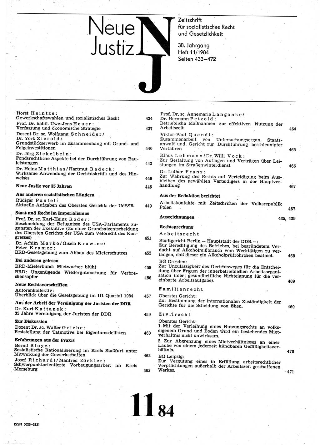 Neue Justiz (NJ), Zeitschrift für sozialistisches Recht und Gesetzlichkeit [Deutsche Demokratische Republik (DDR)], 38. Jahrgang 1984, Seite 433 (NJ DDR 1984, S. 433)