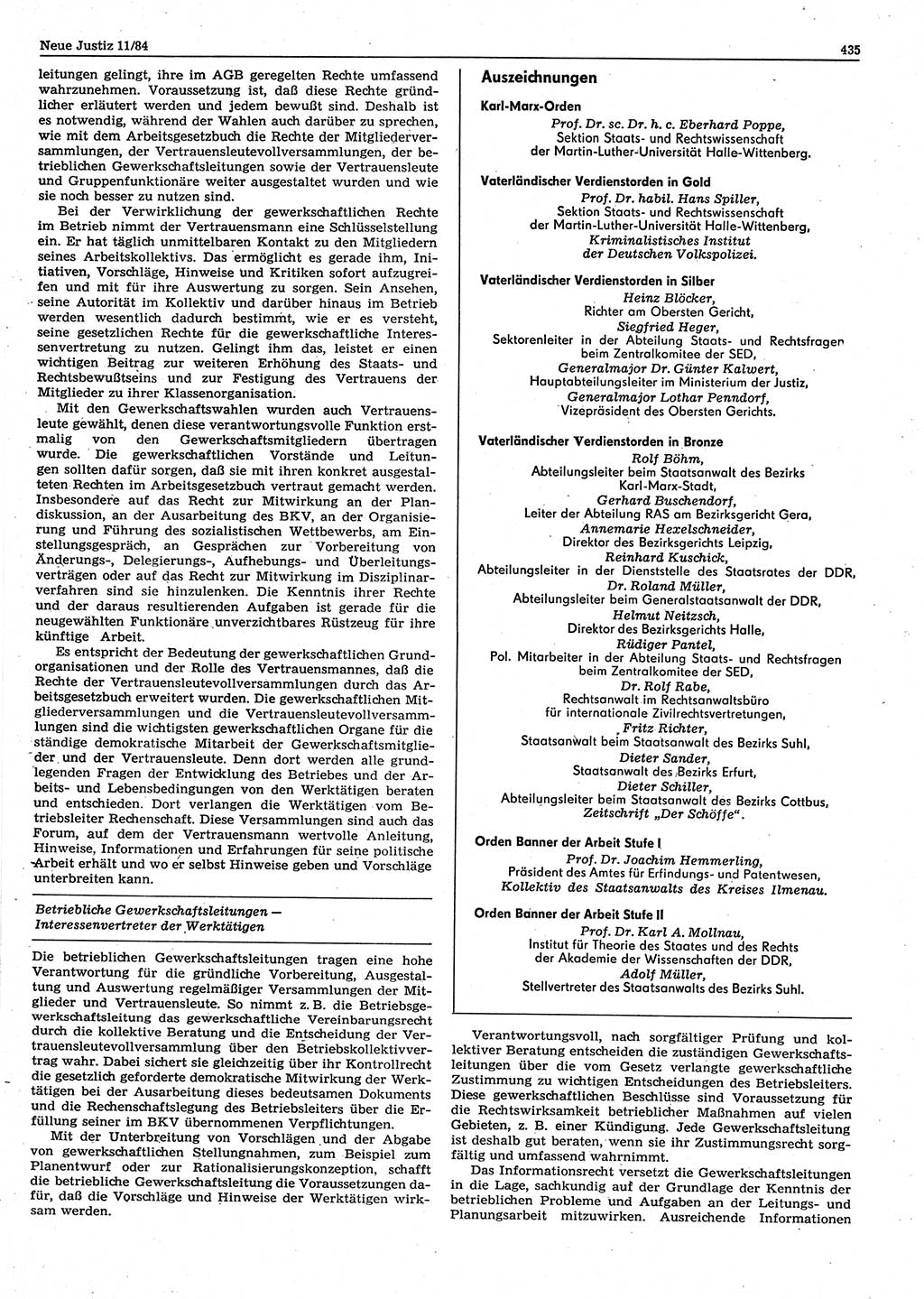 Neue Justiz (NJ), Zeitschrift für sozialistisches Recht und Gesetzlichkeit [Deutsche Demokratische Republik (DDR)], 38. Jahrgang 1984, Seite 435 (NJ DDR 1984, S. 435)