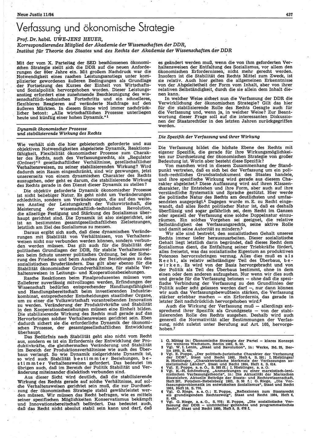 Neue Justiz (NJ), Zeitschrift für sozialistisches Recht und Gesetzlichkeit [Deutsche Demokratische Republik (DDR)], 38. Jahrgang 1984, Seite 437 (NJ DDR 1984, S. 437)