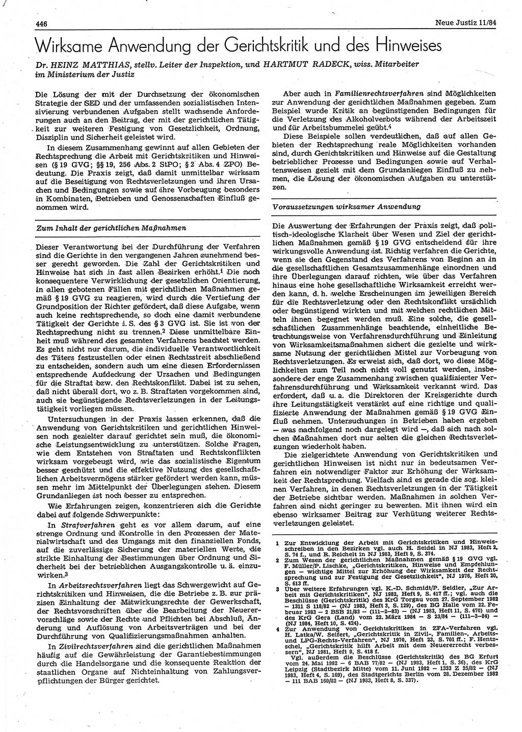 Neue Justiz (NJ), Zeitschrift für sozialistisches Recht und Gesetzlichkeit [Deutsche Demokratische Republik (DDR)], 38. Jahrgang 1984, Seite 446 (NJ DDR 1984, S. 446)