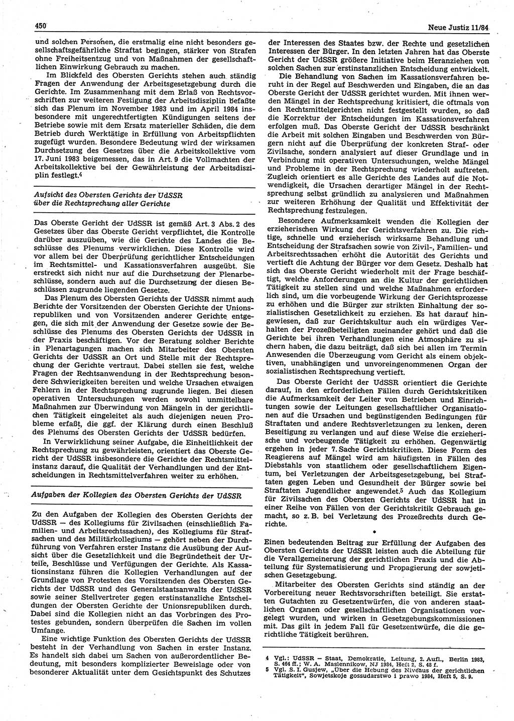Neue Justiz (NJ), Zeitschrift für sozialistisches Recht und Gesetzlichkeit [Deutsche Demokratische Republik (DDR)], 38. Jahrgang 1984, Seite 450 (NJ DDR 1984, S. 450)