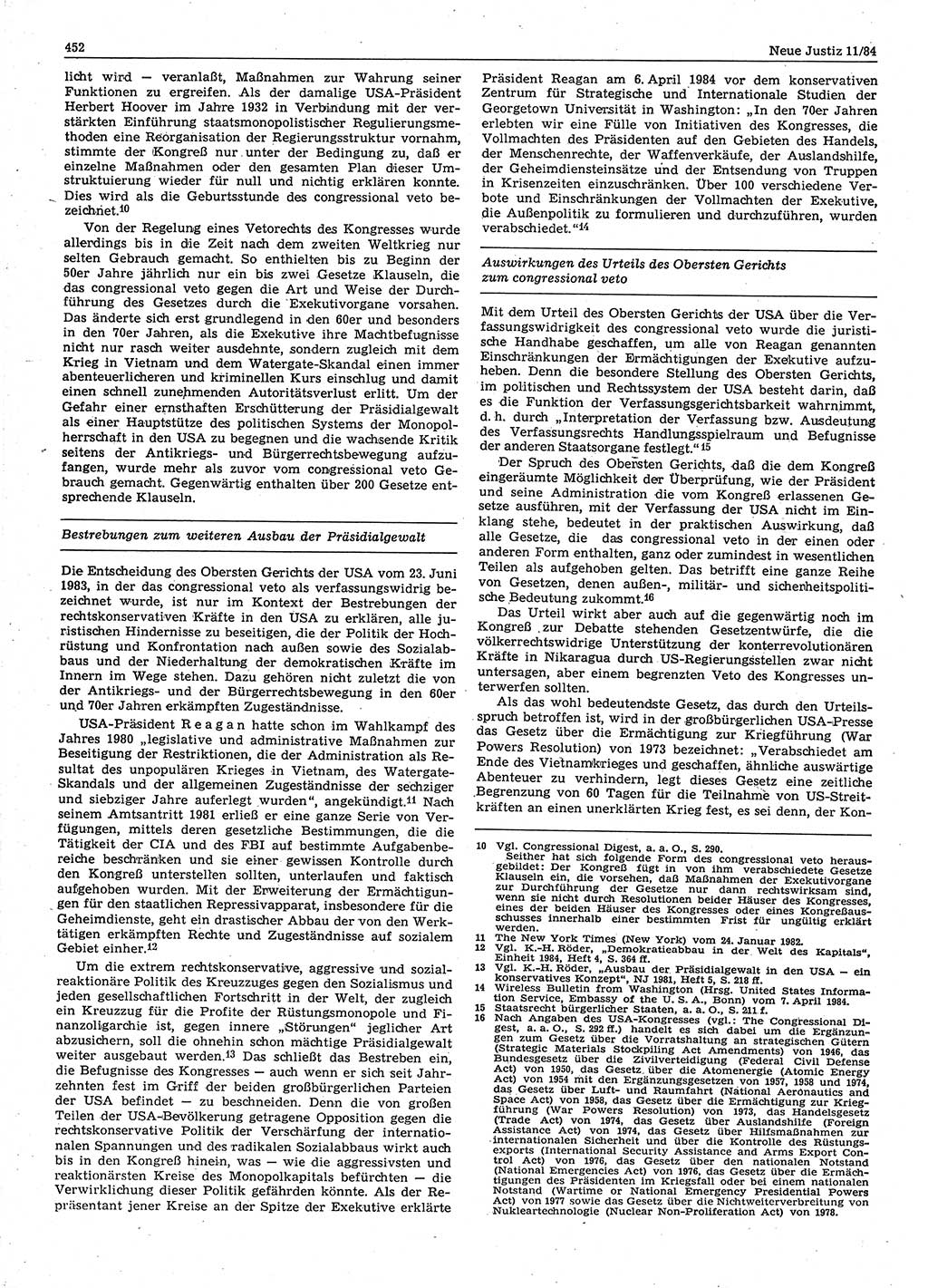 Neue Justiz (NJ), Zeitschrift für sozialistisches Recht und Gesetzlichkeit [Deutsche Demokratische Republik (DDR)], 38. Jahrgang 1984, Seite 452 (NJ DDR 1984, S. 452)