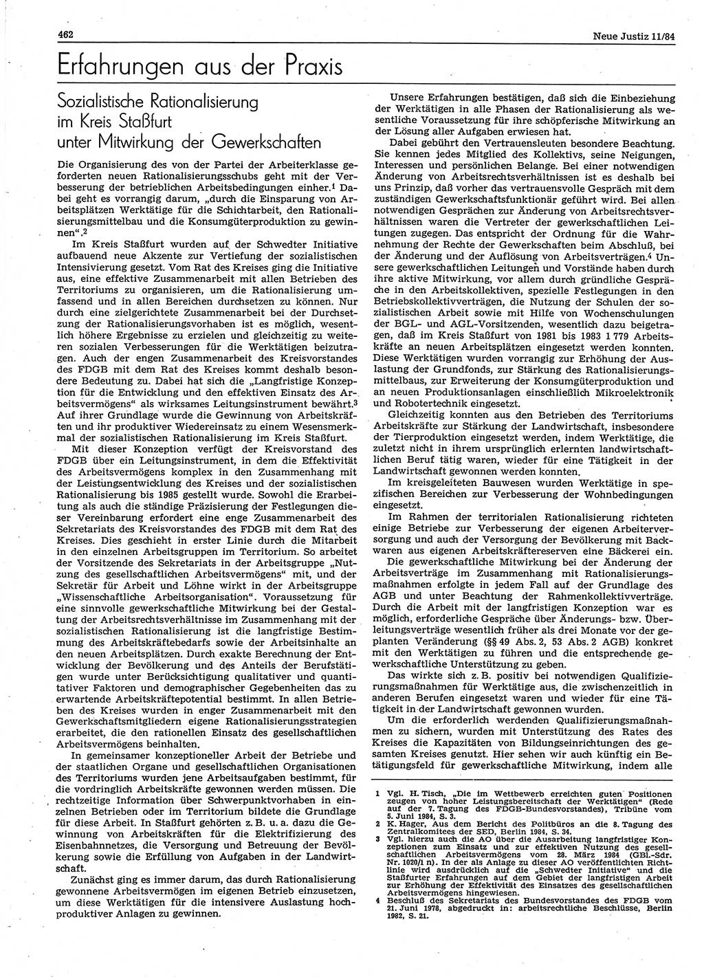 Neue Justiz (NJ), Zeitschrift für sozialistisches Recht und Gesetzlichkeit [Deutsche Demokratische Republik (DDR)], 38. Jahrgang 1984, Seite 462 (NJ DDR 1984, S. 462)