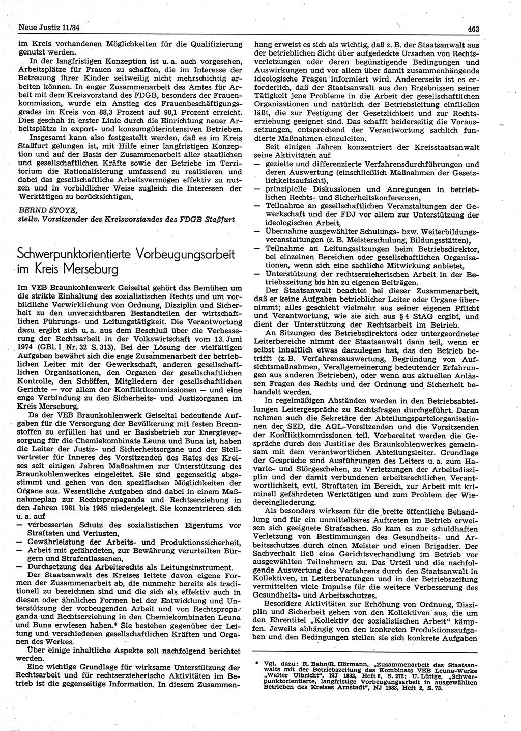 Neue Justiz (NJ), Zeitschrift für sozialistisches Recht und Gesetzlichkeit [Deutsche Demokratische Republik (DDR)], 38. Jahrgang 1984, Seite 463 (NJ DDR 1984, S. 463)