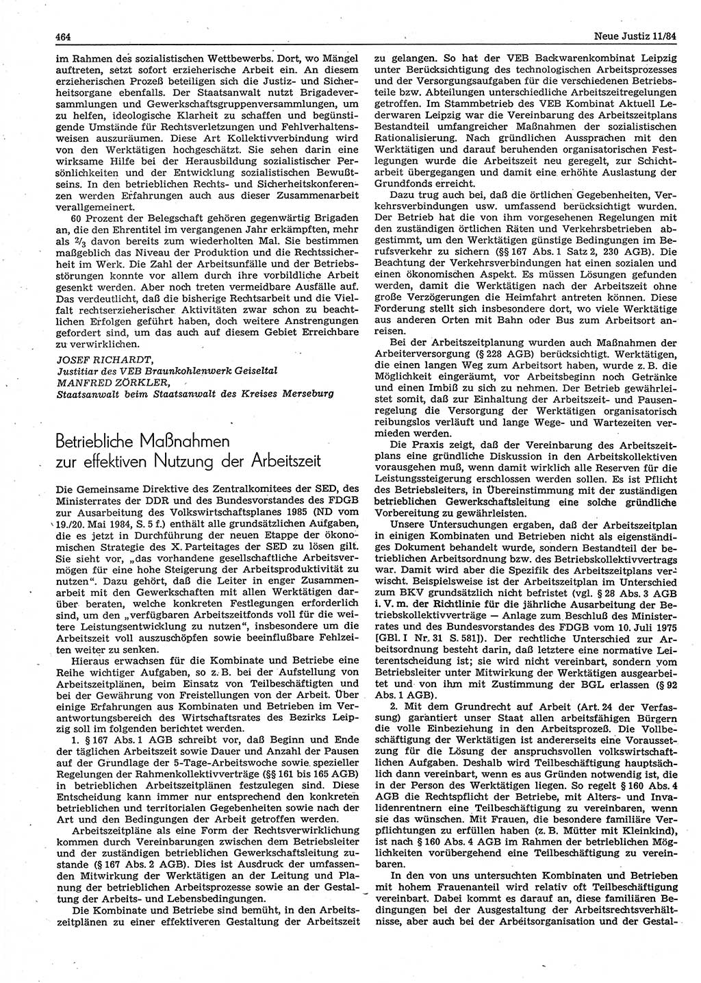 Neue Justiz (NJ), Zeitschrift für sozialistisches Recht und Gesetzlichkeit [Deutsche Demokratische Republik (DDR)], 38. Jahrgang 1984, Seite 464 (NJ DDR 1984, S. 464)