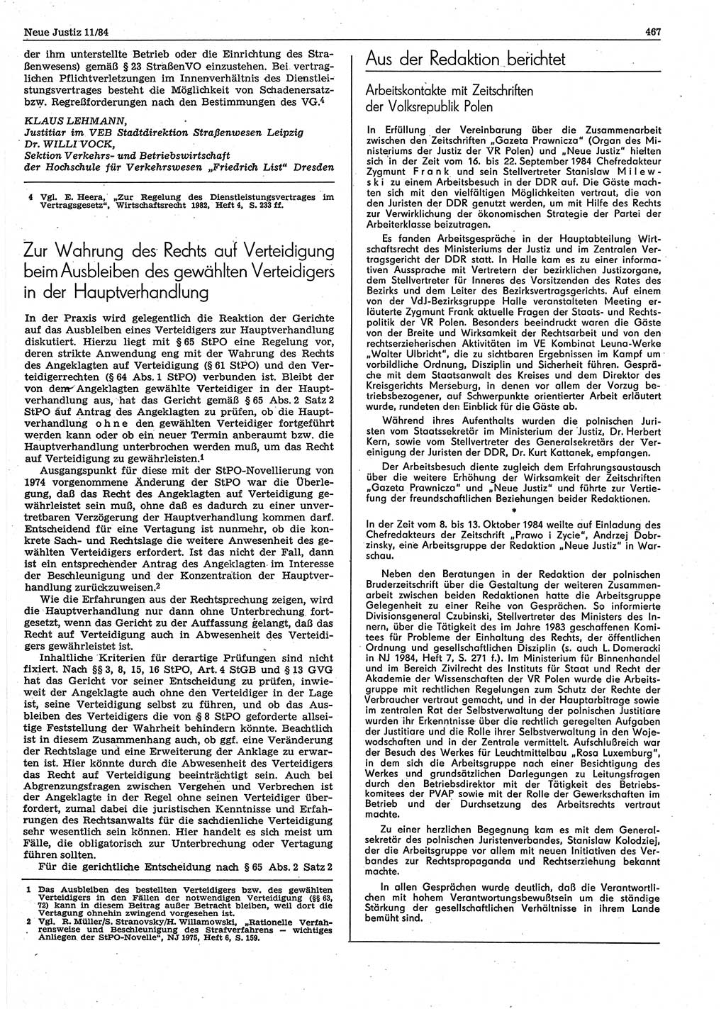 Neue Justiz (NJ), Zeitschrift für sozialistisches Recht und Gesetzlichkeit [Deutsche Demokratische Republik (DDR)], 38. Jahrgang 1984, Seite 467 (NJ DDR 1984, S. 467)