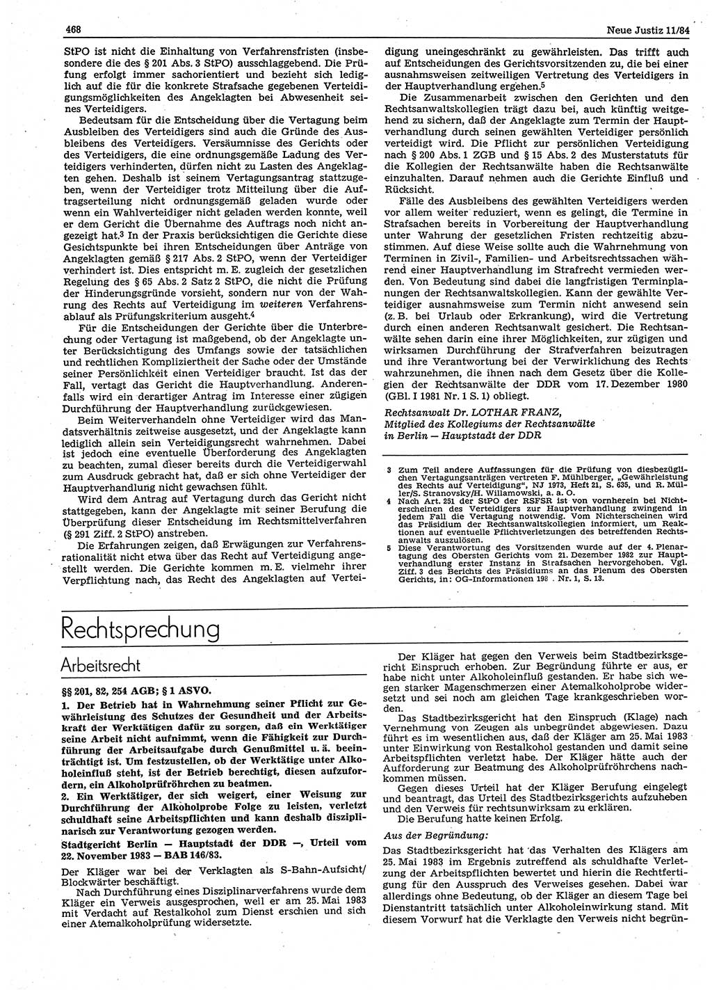 Neue Justiz (NJ), Zeitschrift für sozialistisches Recht und Gesetzlichkeit [Deutsche Demokratische Republik (DDR)], 38. Jahrgang 1984, Seite 468 (NJ DDR 1984, S. 468)