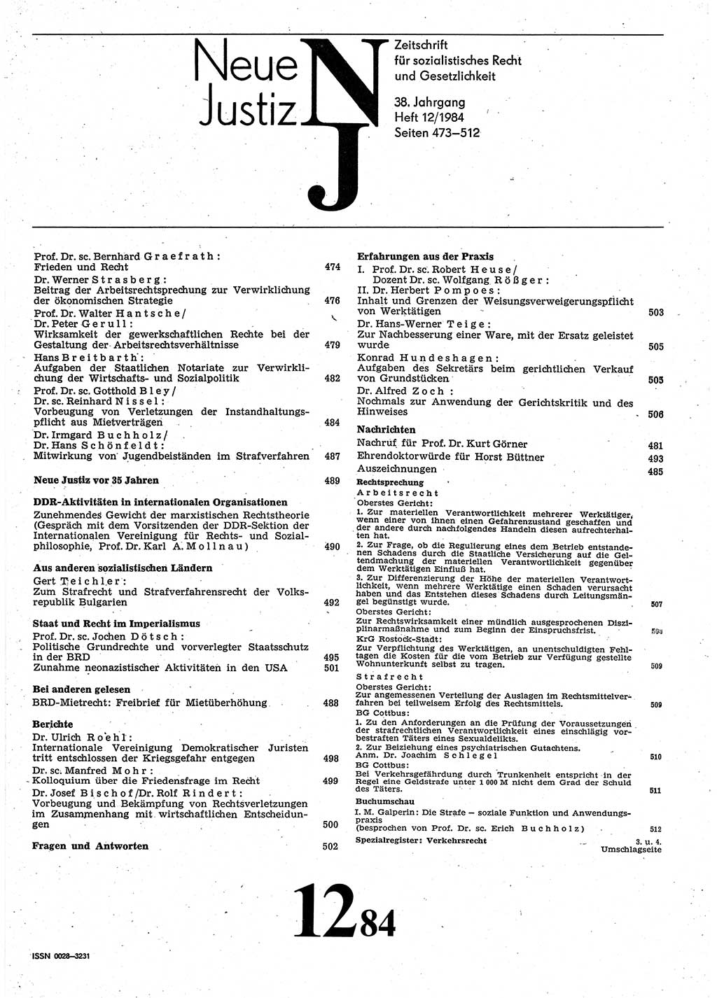 Neue Justiz (NJ), Zeitschrift für sozialistisches Recht und Gesetzlichkeit [Deutsche Demokratische Republik (DDR)], 38. Jahrgang 1984, Seite 473 (NJ DDR 1984, S. 473)