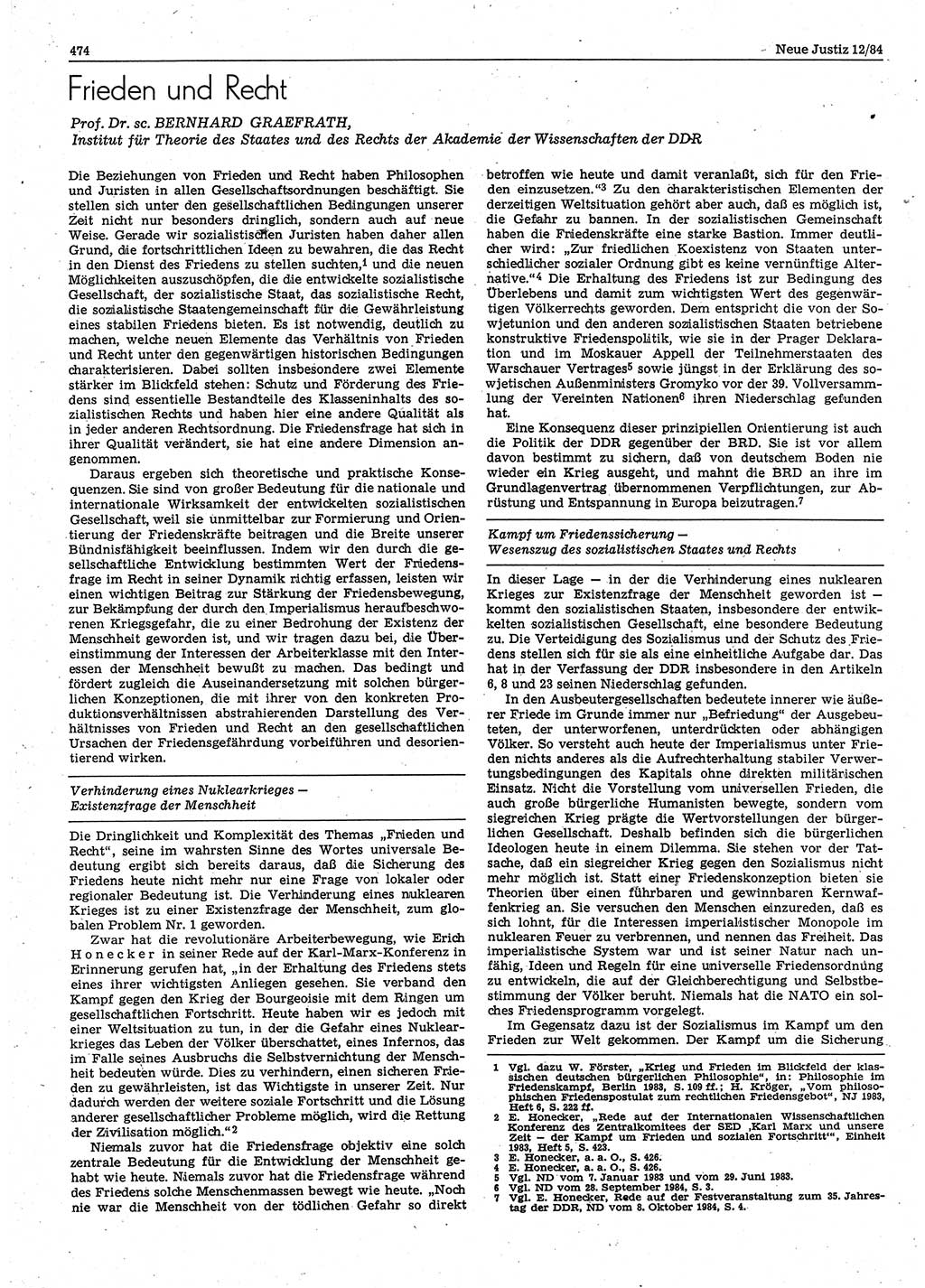 Neue Justiz (NJ), Zeitschrift für sozialistisches Recht und Gesetzlichkeit [Deutsche Demokratische Republik (DDR)], 38. Jahrgang 1984, Seite 474 (NJ DDR 1984, S. 474)