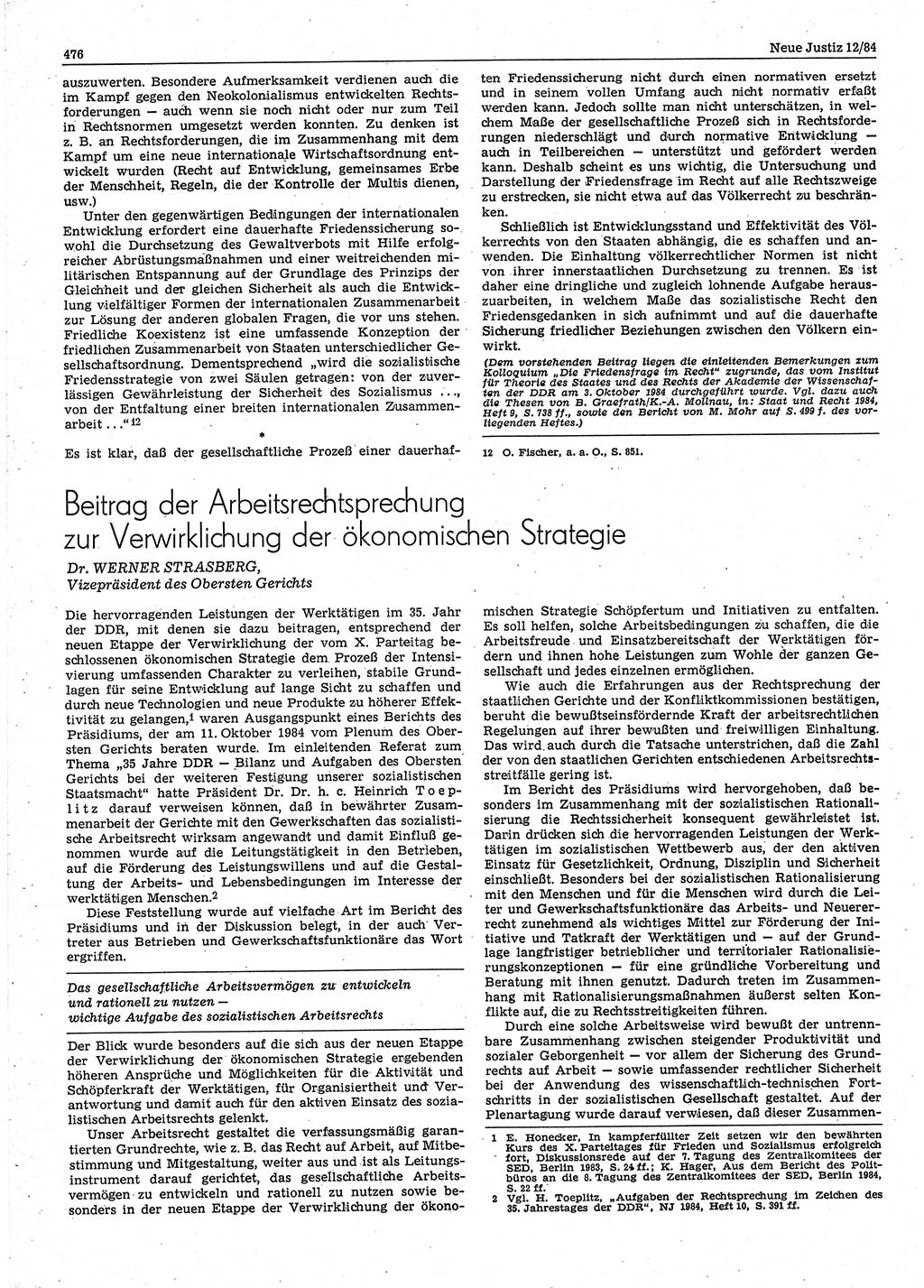 Neue Justiz (NJ), Zeitschrift für sozialistisches Recht und Gesetzlichkeit [Deutsche Demokratische Republik (DDR)], 38. Jahrgang 1984, Seite 476 (NJ DDR 1984, S. 476)