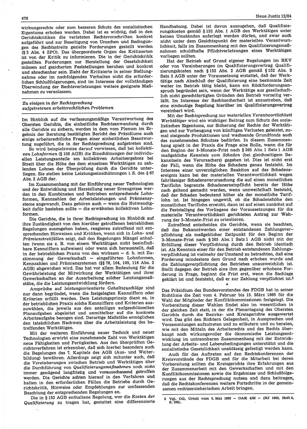 Neue Justiz (NJ), Zeitschrift für sozialistisches Recht und Gesetzlichkeit [Deutsche Demokratische Republik (DDR)], 38. Jahrgang 1984, Seite 478 (NJ DDR 1984, S. 478)
