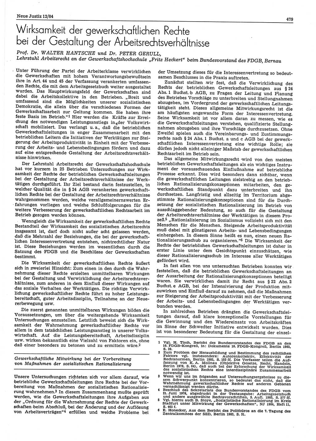 Neue Justiz (NJ), Zeitschrift für sozialistisches Recht und Gesetzlichkeit [Deutsche Demokratische Republik (DDR)], 38. Jahrgang 1984, Seite 479 (NJ DDR 1984, S. 479)