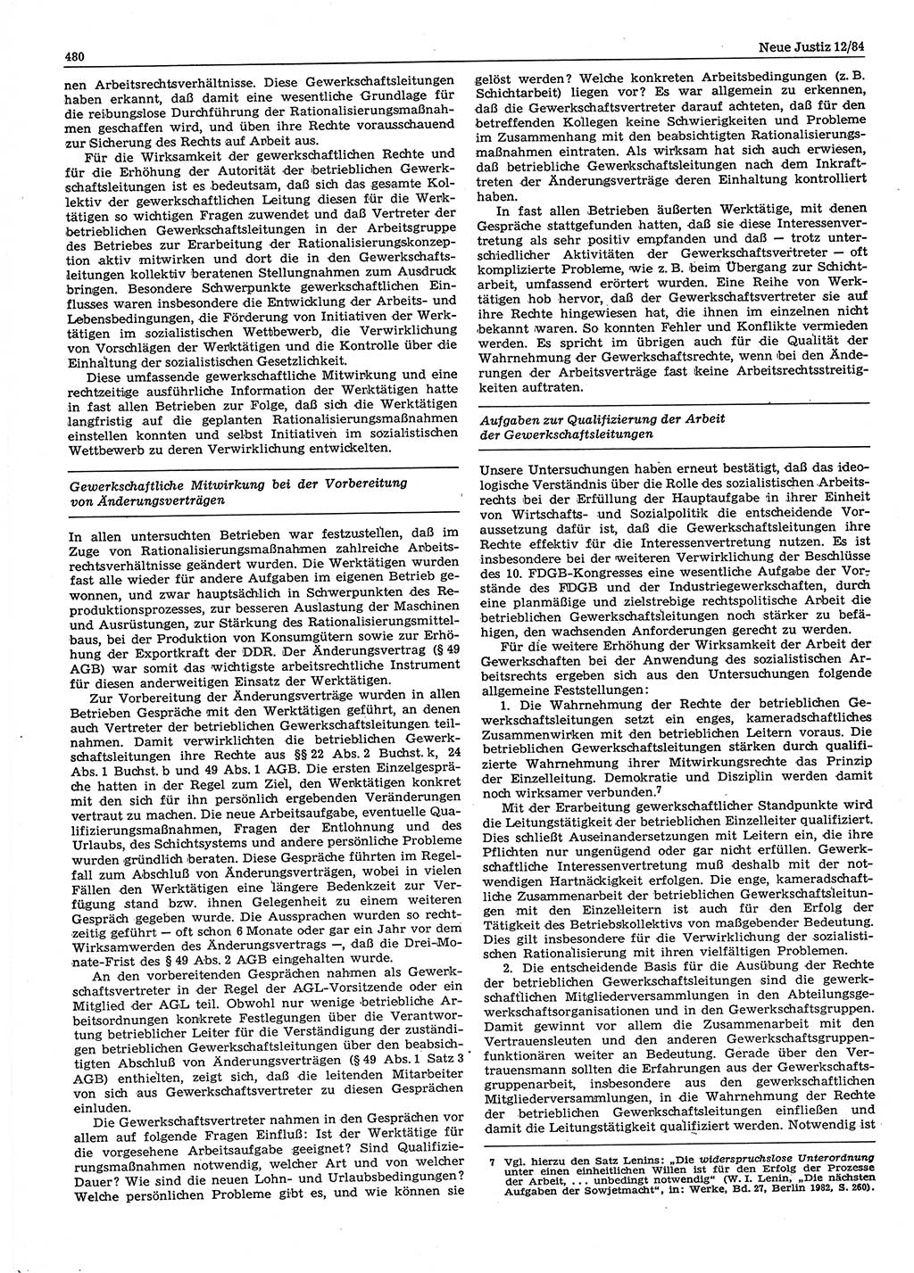 Neue Justiz (NJ), Zeitschrift für sozialistisches Recht und Gesetzlichkeit [Deutsche Demokratische Republik (DDR)], 38. Jahrgang 1984, Seite 480 (NJ DDR 1984, S. 480)