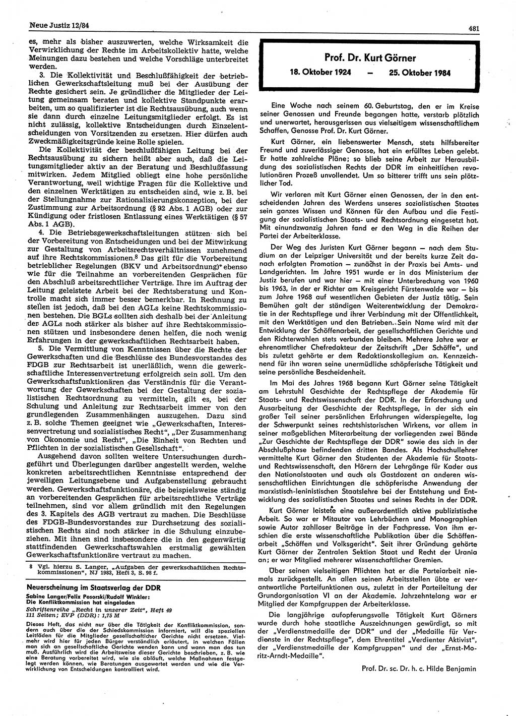 Neue Justiz (NJ), Zeitschrift für sozialistisches Recht und Gesetzlichkeit [Deutsche Demokratische Republik (DDR)], 38. Jahrgang 1984, Seite 481 (NJ DDR 1984, S. 481)