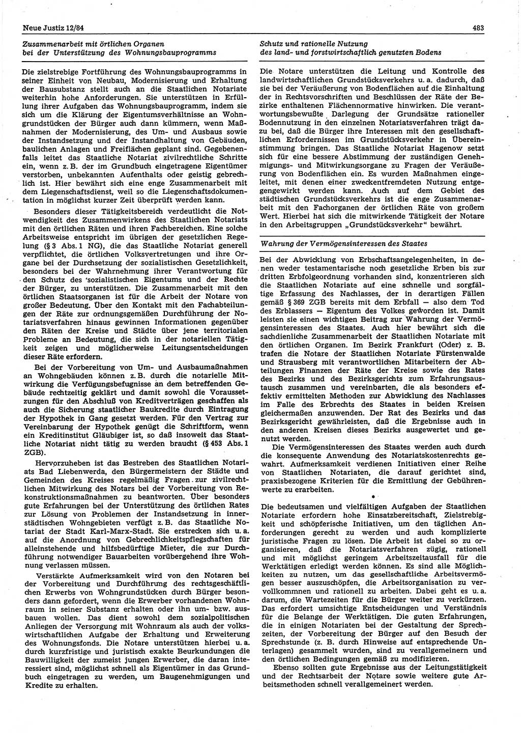 Neue Justiz (NJ), Zeitschrift für sozialistisches Recht und Gesetzlichkeit [Deutsche Demokratische Republik (DDR)], 38. Jahrgang 1984, Seite 483 (NJ DDR 1984, S. 483)