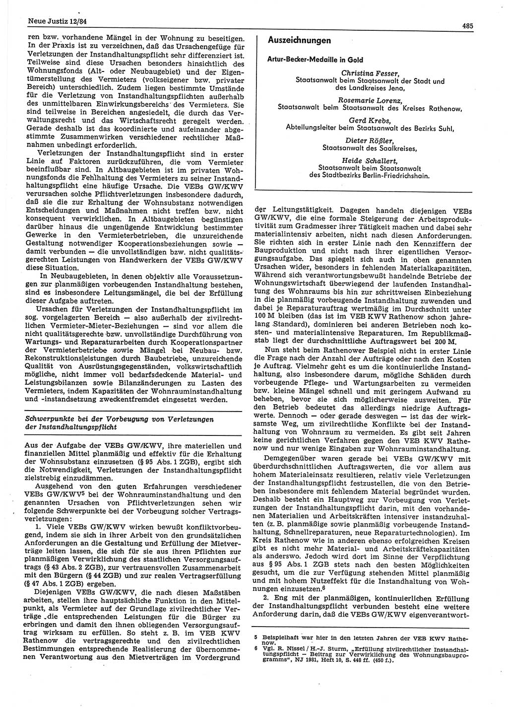 Neue Justiz (NJ), Zeitschrift für sozialistisches Recht und Gesetzlichkeit [Deutsche Demokratische Republik (DDR)], 38. Jahrgang 1984, Seite 485 (NJ DDR 1984, S. 485)