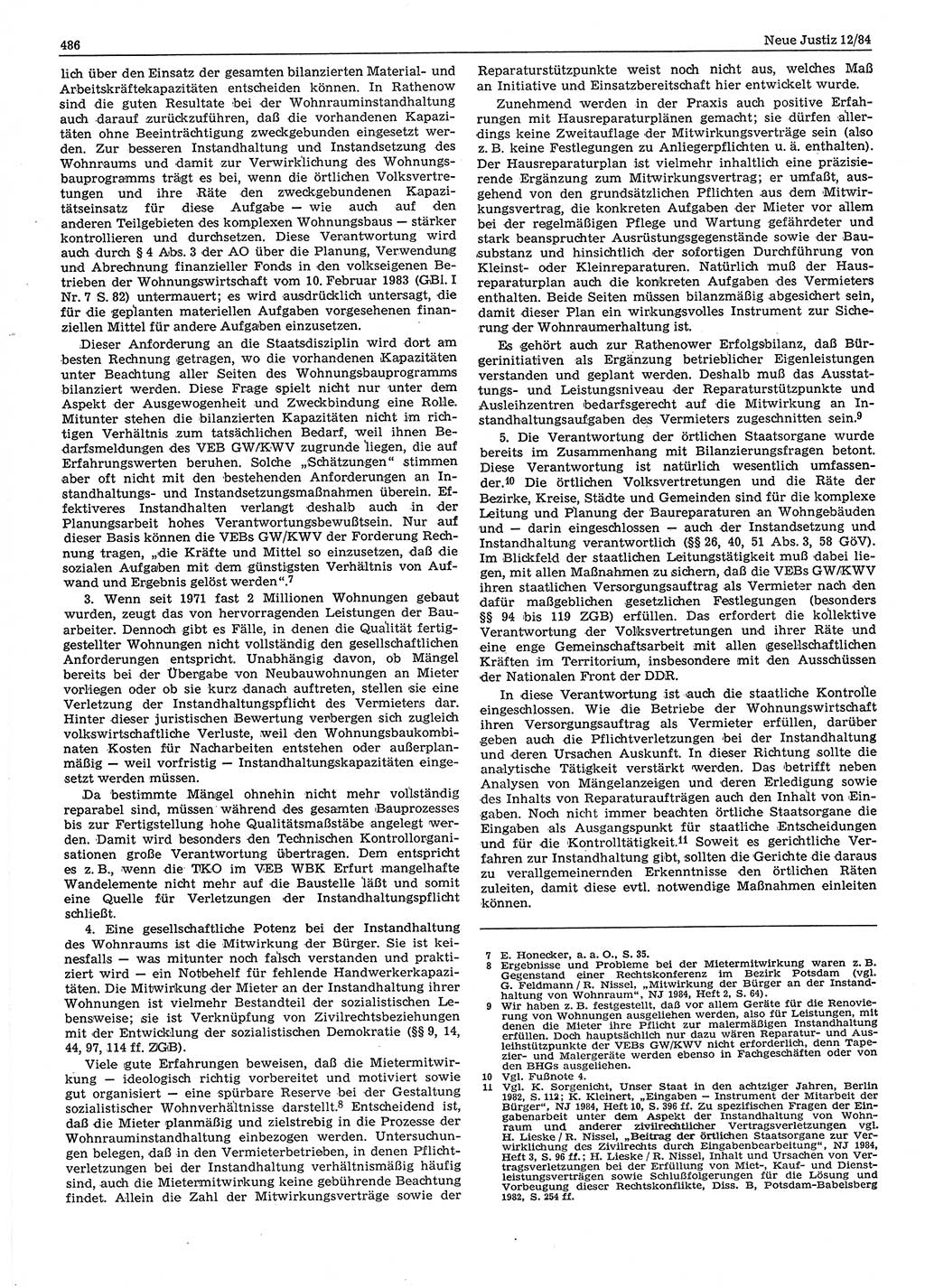 Neue Justiz (NJ), Zeitschrift für sozialistisches Recht und Gesetzlichkeit [Deutsche Demokratische Republik (DDR)], 38. Jahrgang 1984, Seite 486 (NJ DDR 1984, S. 486)