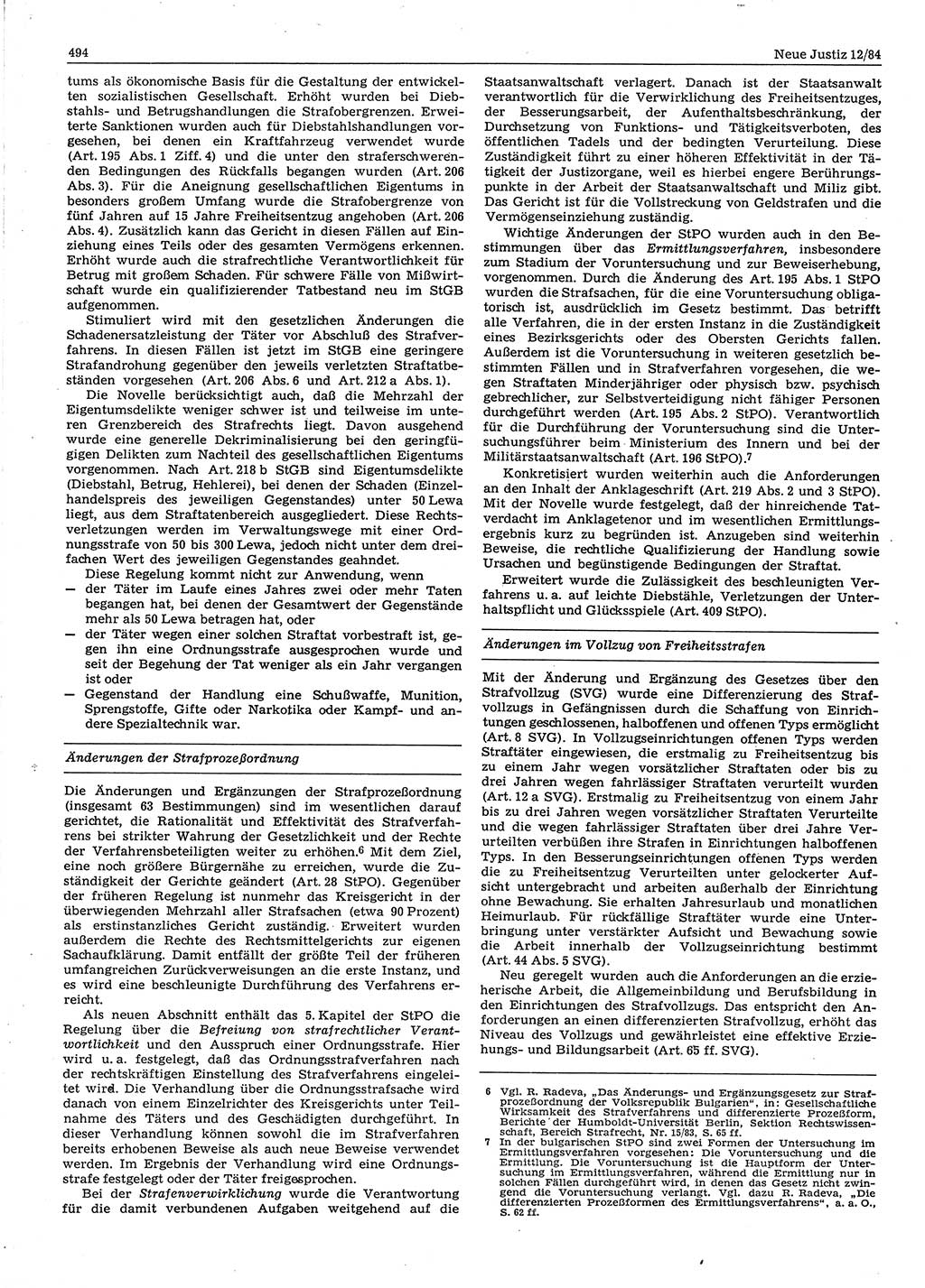 Neue Justiz (NJ), Zeitschrift für sozialistisches Recht und Gesetzlichkeit [Deutsche Demokratische Republik (DDR)], 38. Jahrgang 1984, Seite 494 (NJ DDR 1984, S. 494)