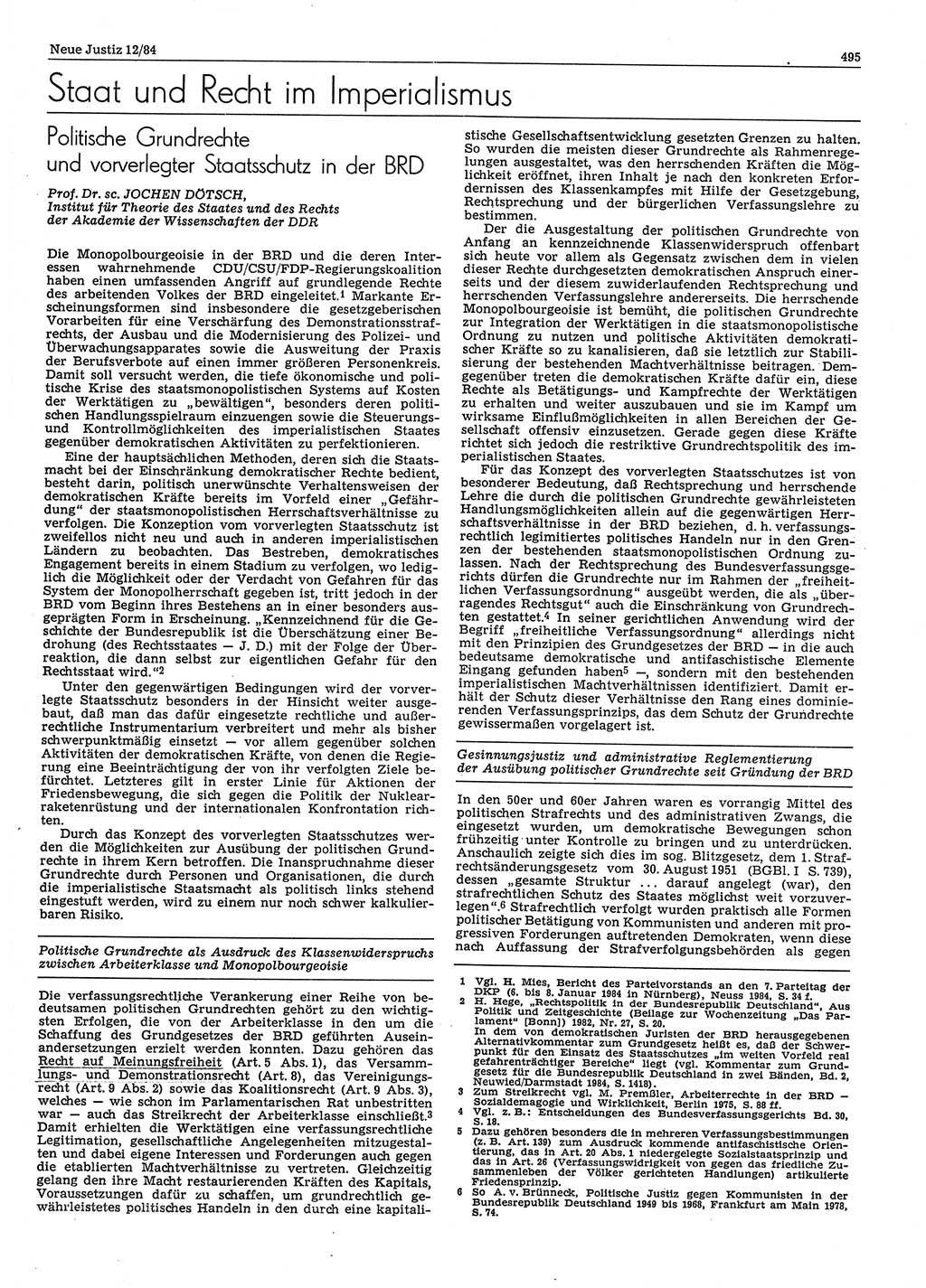 Neue Justiz (NJ), Zeitschrift für sozialistisches Recht und Gesetzlichkeit [Deutsche Demokratische Republik (DDR)], 38. Jahrgang 1984, Seite 495 (NJ DDR 1984, S. 495)
