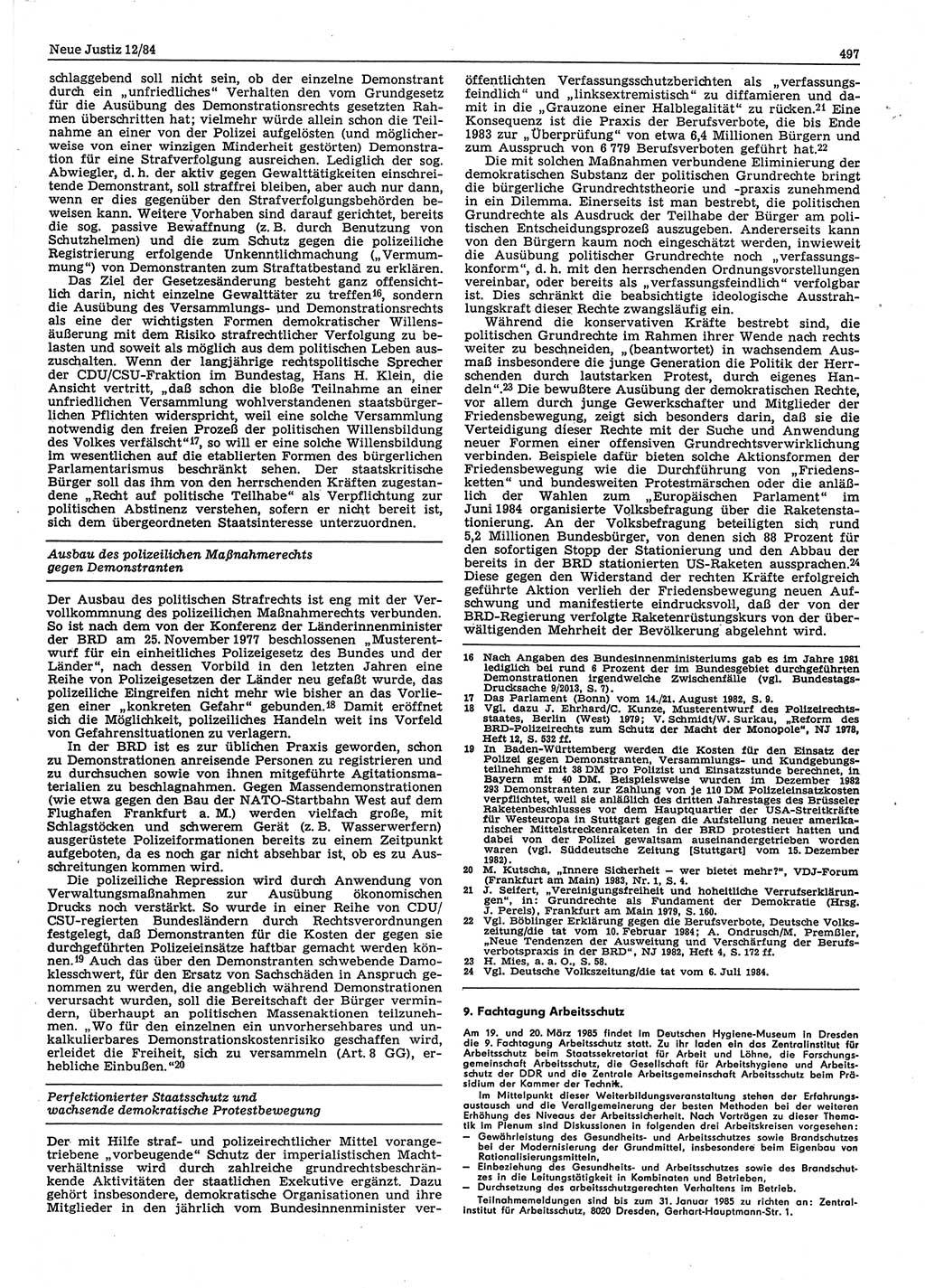 Neue Justiz (NJ), Zeitschrift für sozialistisches Recht und Gesetzlichkeit [Deutsche Demokratische Republik (DDR)], 38. Jahrgang 1984, Seite 497 (NJ DDR 1984, S. 497)