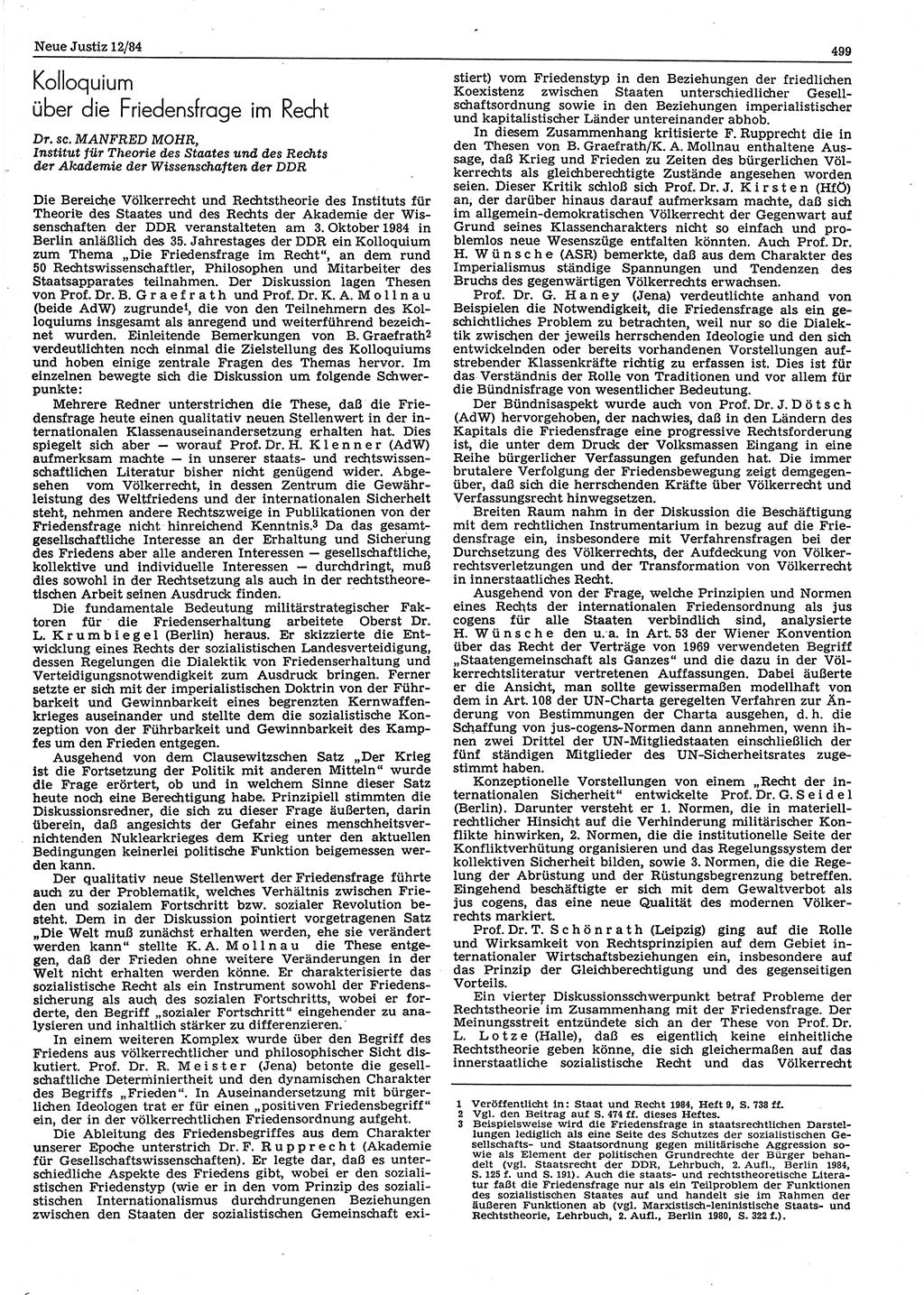 Neue Justiz (NJ), Zeitschrift für sozialistisches Recht und Gesetzlichkeit [Deutsche Demokratische Republik (DDR)], 38. Jahrgang 1984, Seite 499 (NJ DDR 1984, S. 499)