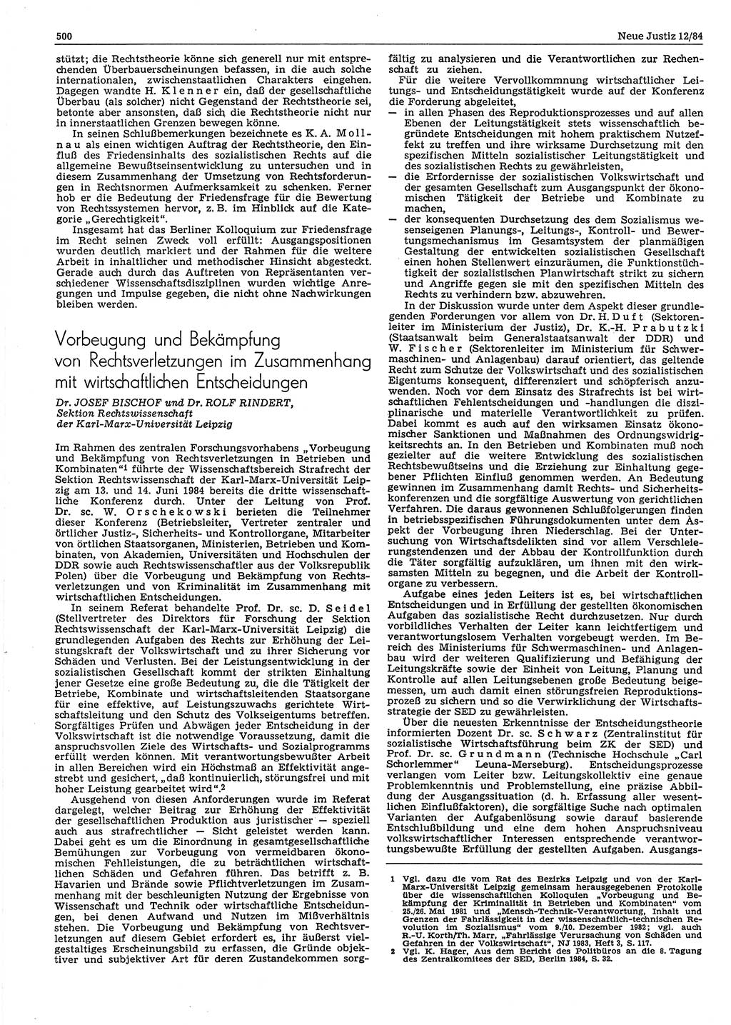 Neue Justiz (NJ), Zeitschrift für sozialistisches Recht und Gesetzlichkeit [Deutsche Demokratische Republik (DDR)], 38. Jahrgang 1984, Seite 500 (NJ DDR 1984, S. 500)