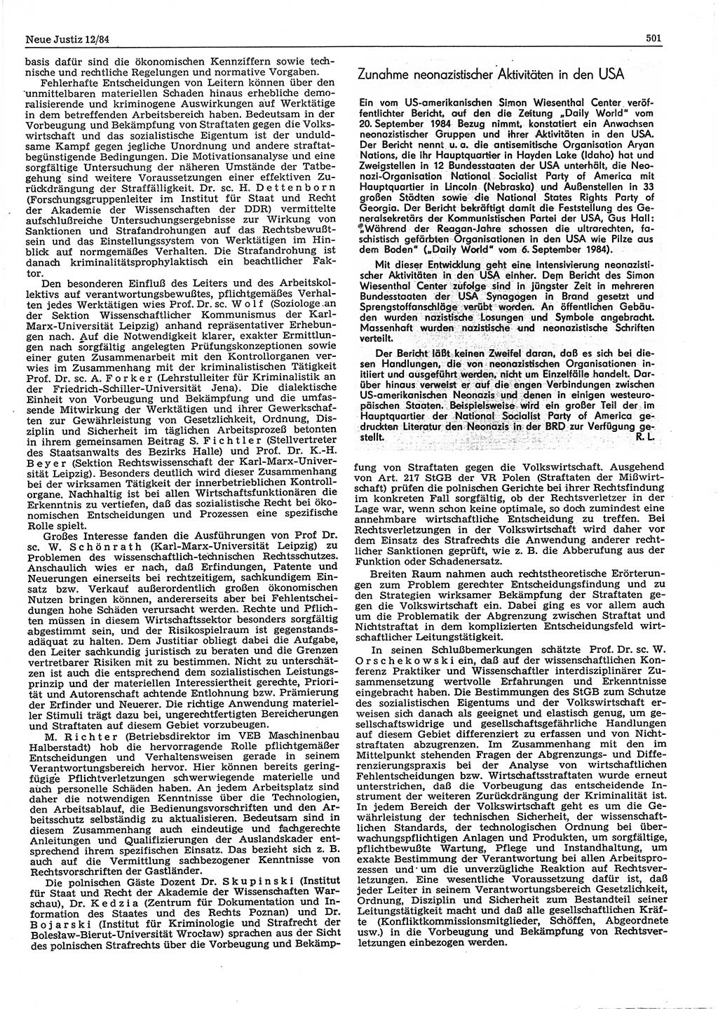 Neue Justiz (NJ), Zeitschrift für sozialistisches Recht und Gesetzlichkeit [Deutsche Demokratische Republik (DDR)], 38. Jahrgang 1984, Seite 501 (NJ DDR 1984, S. 501)