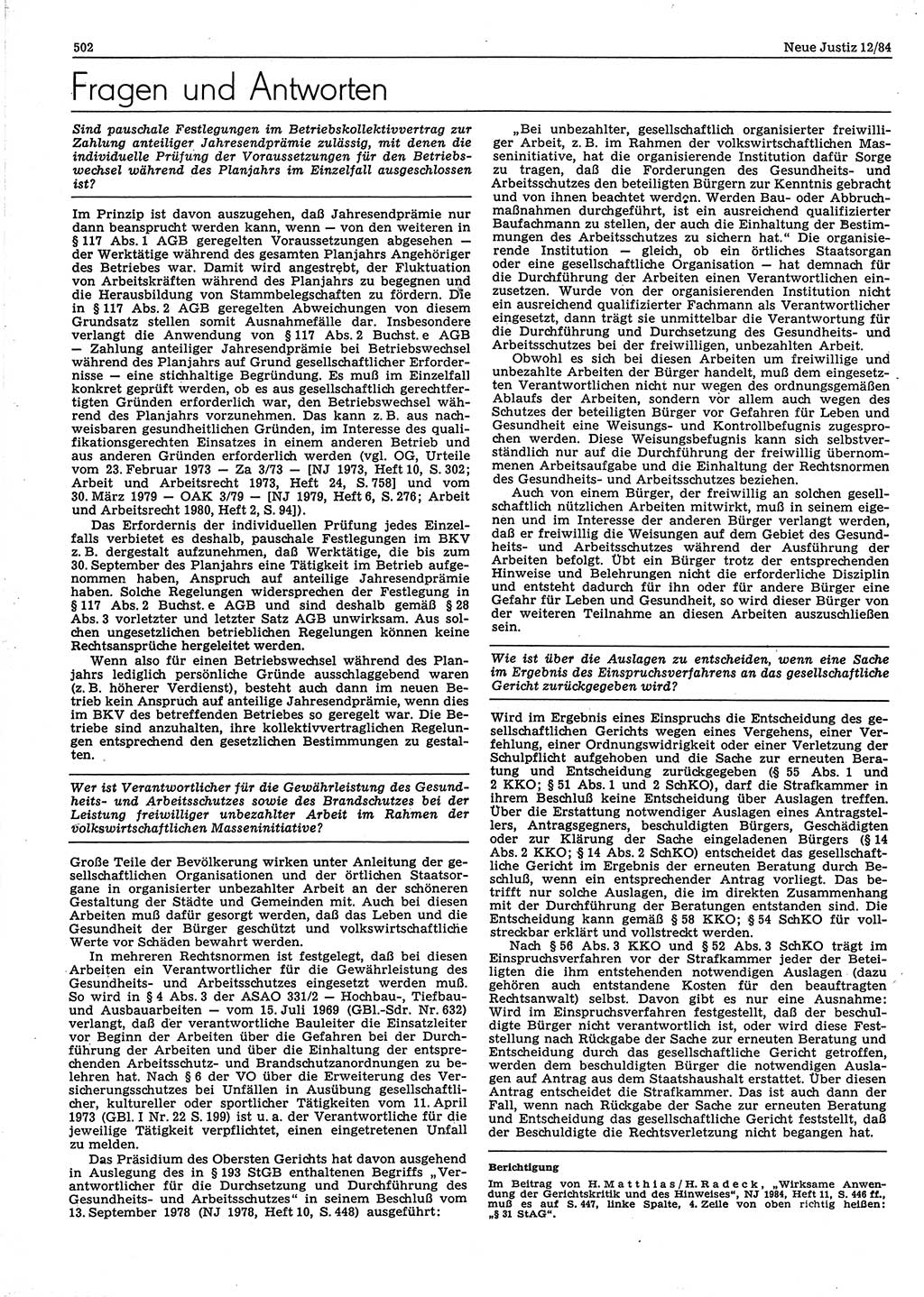 Neue Justiz (NJ), Zeitschrift für sozialistisches Recht und Gesetzlichkeit [Deutsche Demokratische Republik (DDR)], 38. Jahrgang 1984, Seite 502 (NJ DDR 1984, S. 502)