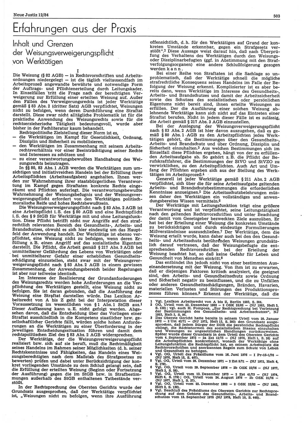 Neue Justiz (NJ), Zeitschrift für sozialistisches Recht und Gesetzlichkeit [Deutsche Demokratische Republik (DDR)], 38. Jahrgang 1984, Seite 503 (NJ DDR 1984, S. 503)