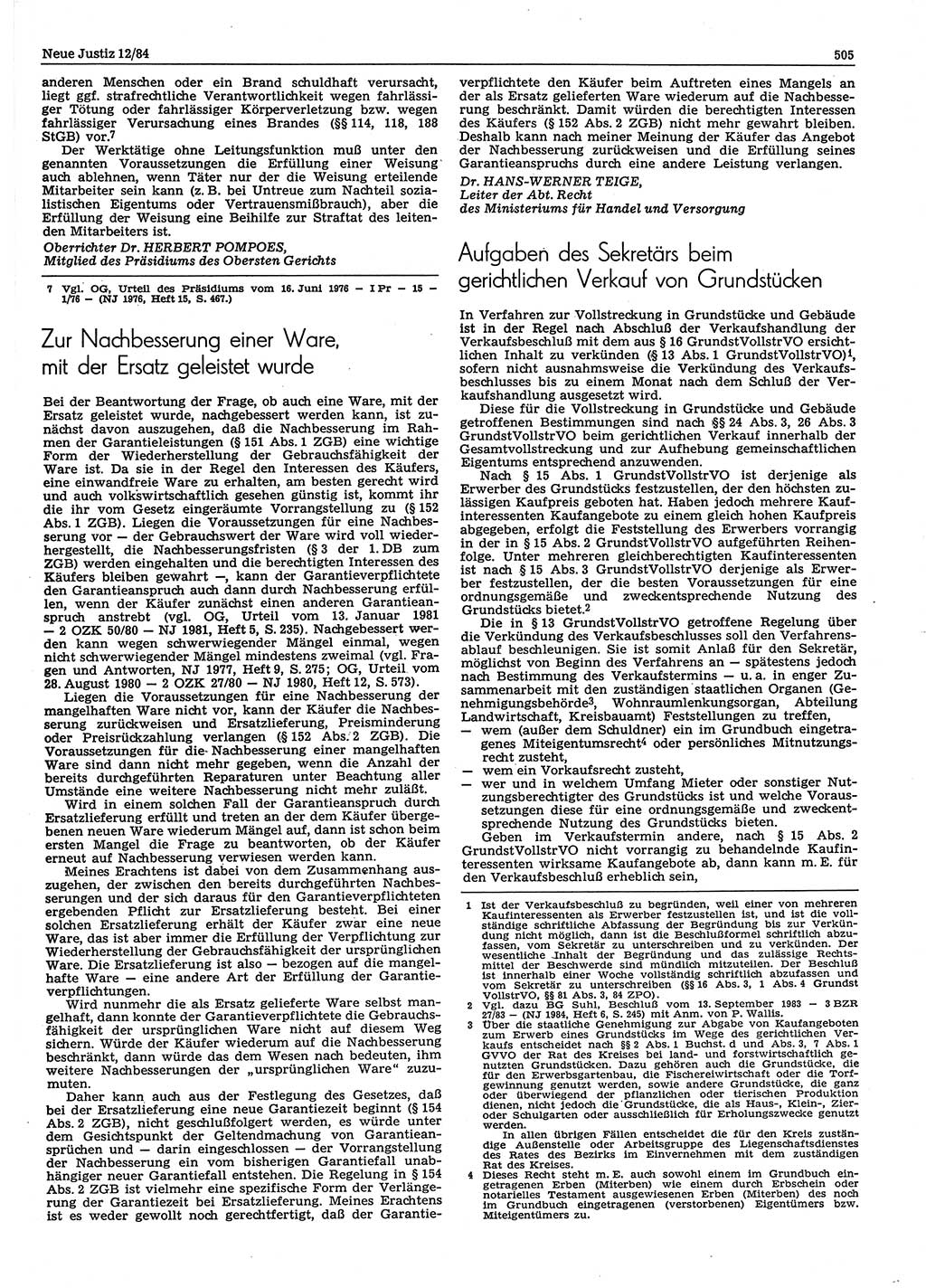Neue Justiz (NJ), Zeitschrift für sozialistisches Recht und Gesetzlichkeit [Deutsche Demokratische Republik (DDR)], 38. Jahrgang 1984, Seite 505 (NJ DDR 1984, S. 505)