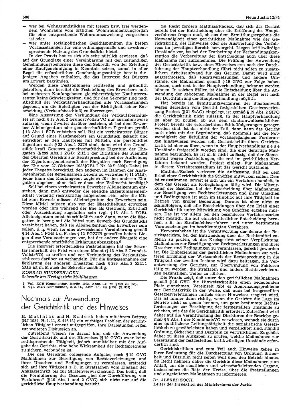 Neue Justiz (NJ), Zeitschrift für sozialistisches Recht und Gesetzlichkeit [Deutsche Demokratische Republik (DDR)], 38. Jahrgang 1984, Seite 506 (NJ DDR 1984, S. 506)