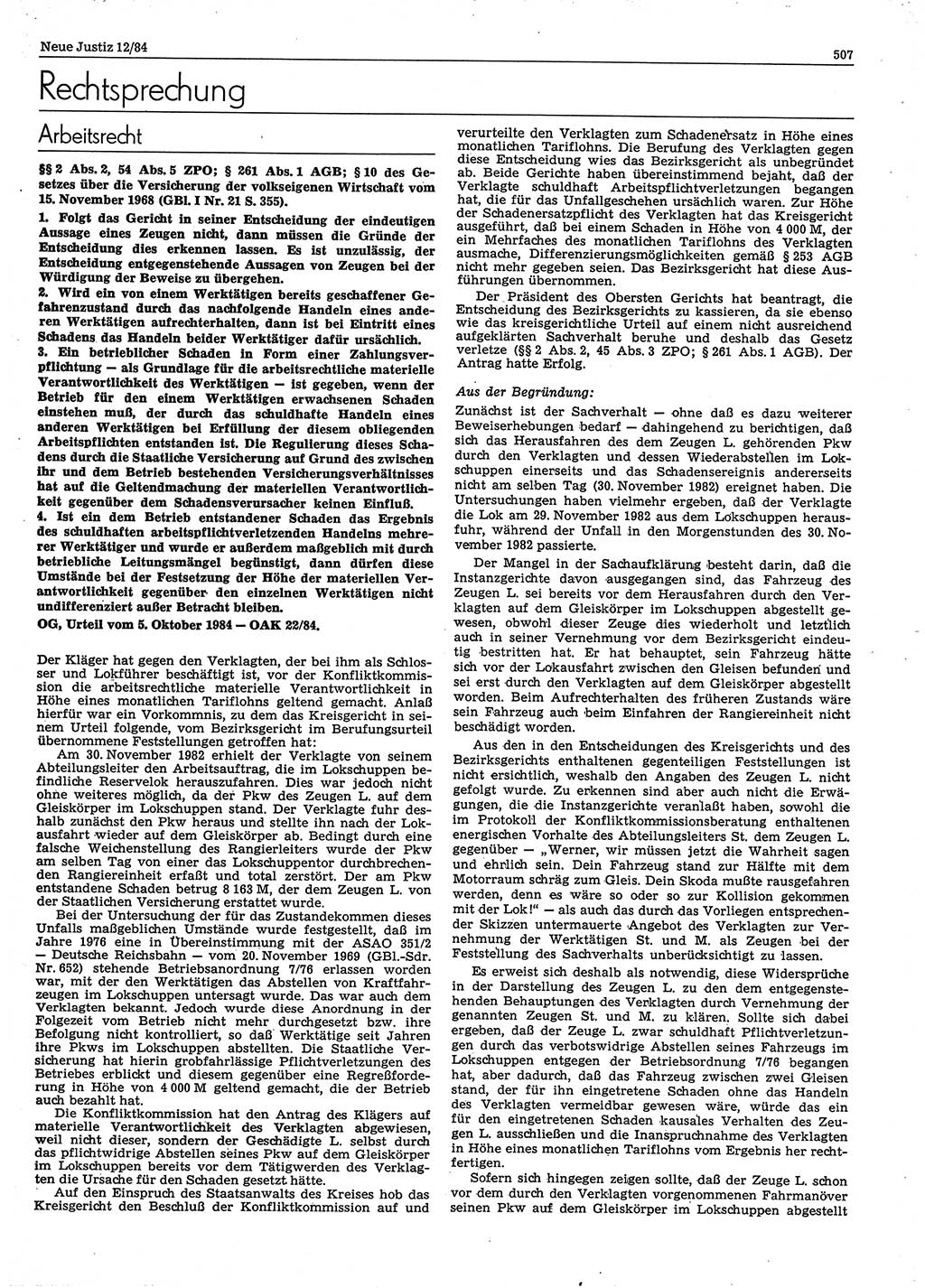 Neue Justiz (NJ), Zeitschrift für sozialistisches Recht und Gesetzlichkeit [Deutsche Demokratische Republik (DDR)], 38. Jahrgang 1984, Seite 507 (NJ DDR 1984, S. 507)