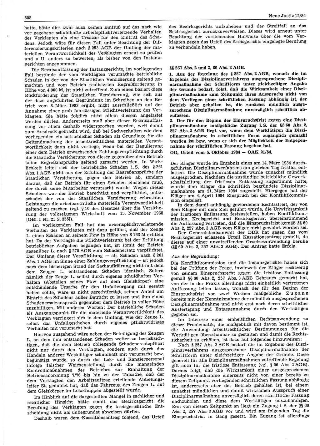 Neue Justiz (NJ), Zeitschrift für sozialistisches Recht und Gesetzlichkeit [Deutsche Demokratische Republik (DDR)], 38. Jahrgang 1984, Seite 508 (NJ DDR 1984, S. 508)