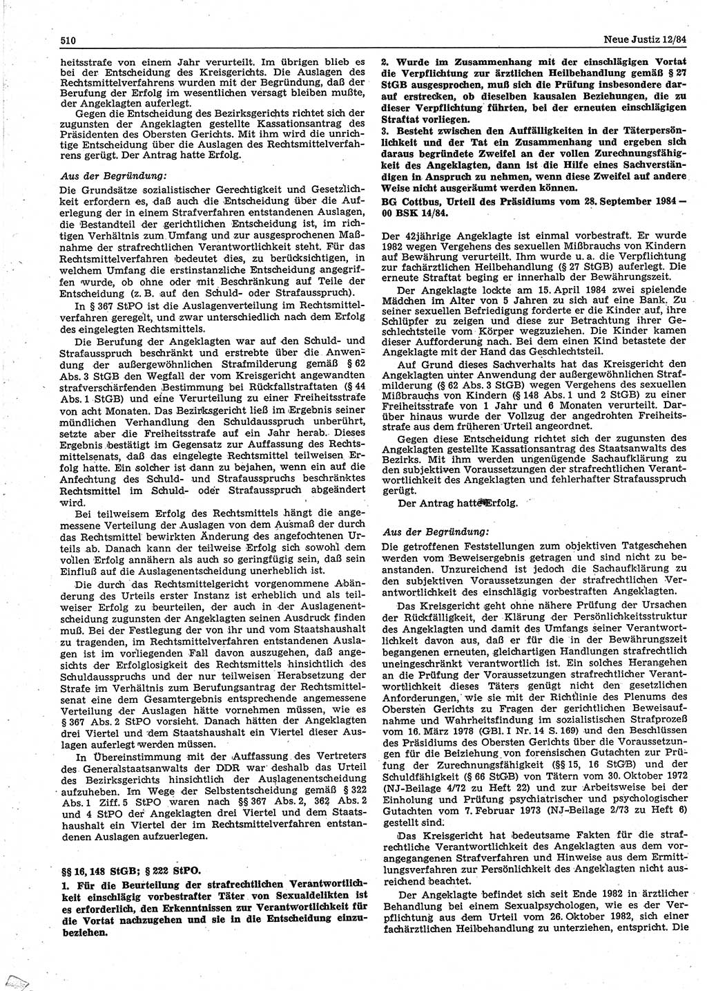 Neue Justiz (NJ), Zeitschrift für sozialistisches Recht und Gesetzlichkeit [Deutsche Demokratische Republik (DDR)], 38. Jahrgang 1984, Seite 510 (NJ DDR 1984, S. 510)