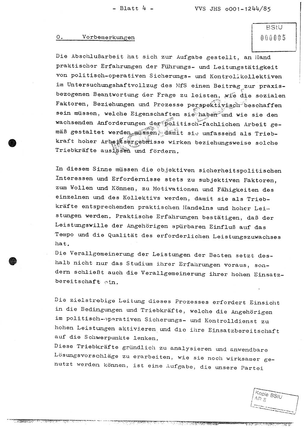 Abschlußarbeit im postgradualen Studium Major Bernd Mostowy (Abt. ⅩⅣ), Ministerium für Staatssicherheit (MfS) [Deutsche Demokratische Republik (DDR)], Juristische Hochschule (JHS), Vertrauliche Verschlußsache (VVS) o001-1244/85, Potsdam 1985, Blatt 4 (Abschl.-Arb.-Postgrad.-Stud. MfS DDR JHS VVS o001-1244/85 1985, Bl. 4)