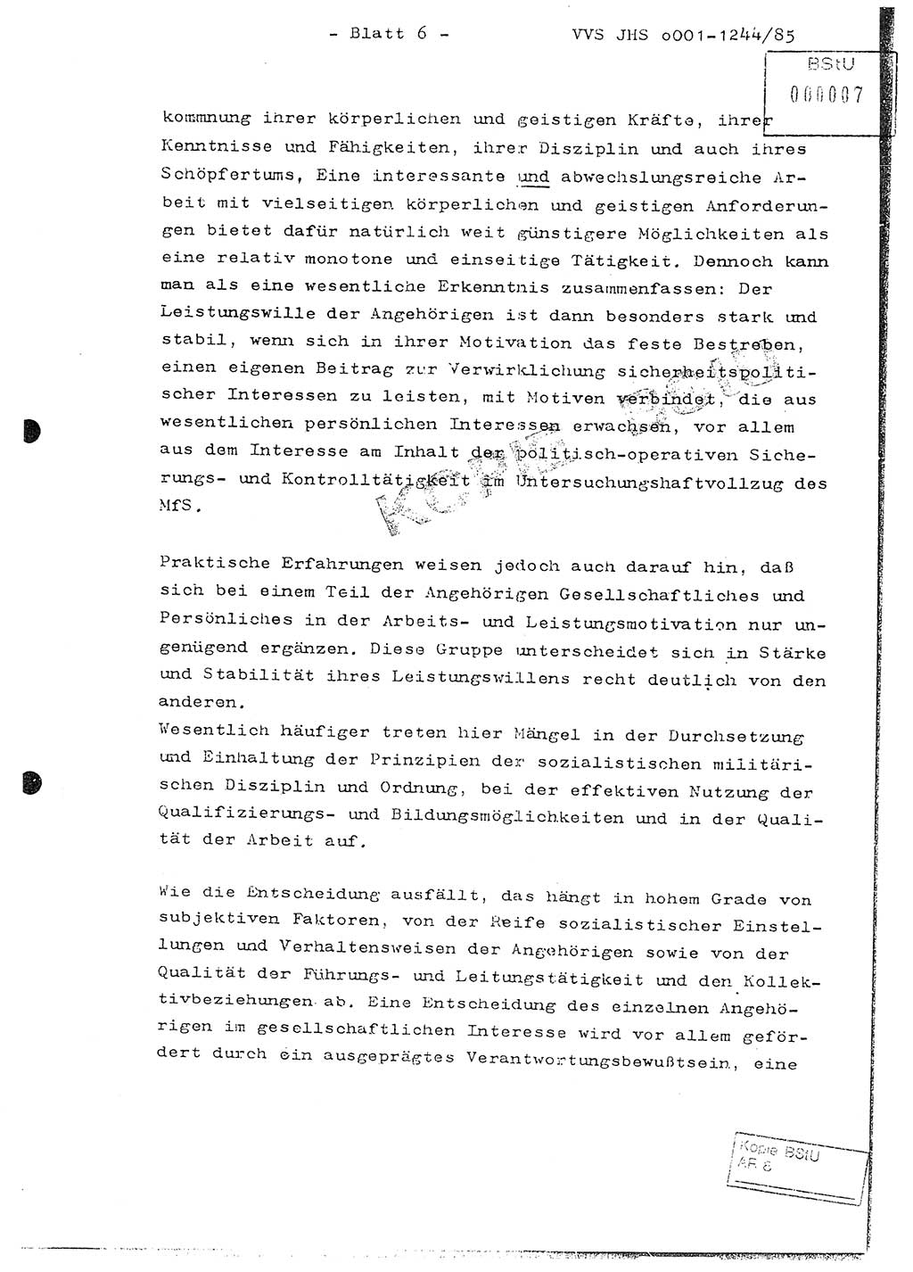 Abschlußarbeit im postgradualen Studium Major Bernd Mostowy (Abt. ⅩⅣ), Ministerium für Staatssicherheit (MfS) [Deutsche Demokratische Republik (DDR)], Juristische Hochschule (JHS), Vertrauliche Verschlußsache (VVS) o001-1244/85, Potsdam 1985, Blatt 6 (Abschl.-Arb.-Postgrad.-Stud. MfS DDR JHS VVS o001-1244/85 1985, Bl. 6)