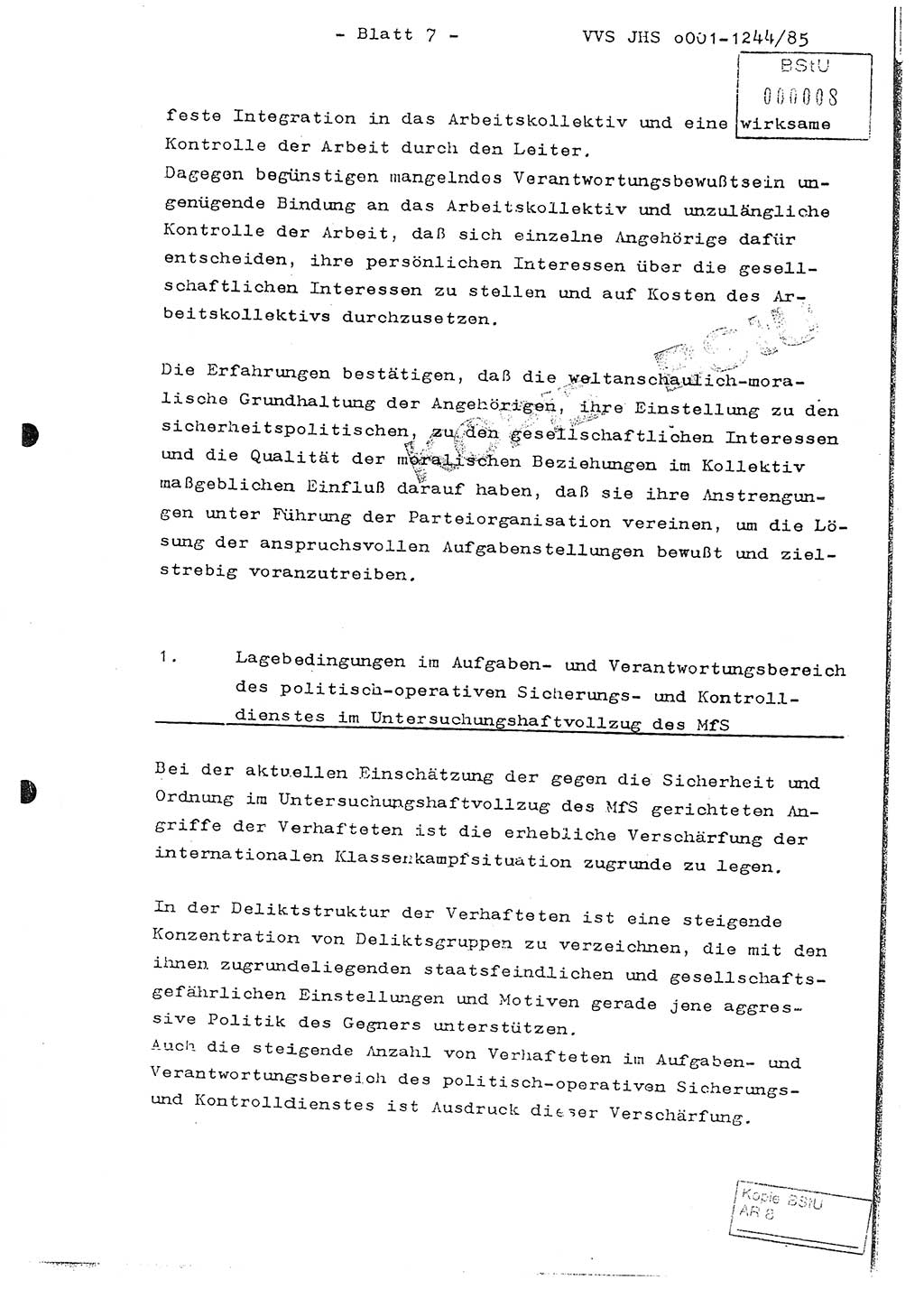 Abschlußarbeit im postgradualen Studium Major Bernd Mostowy (Abt. ⅩⅣ), Ministerium für Staatssicherheit (MfS) [Deutsche Demokratische Republik (DDR)], Juristische Hochschule (JHS), Vertrauliche Verschlußsache (VVS) o001-1244/85, Potsdam 1985, Blatt 7 (Abschl.-Arb.-Postgrad.-Stud. MfS DDR JHS VVS o001-1244/85 1985, Bl. 7)